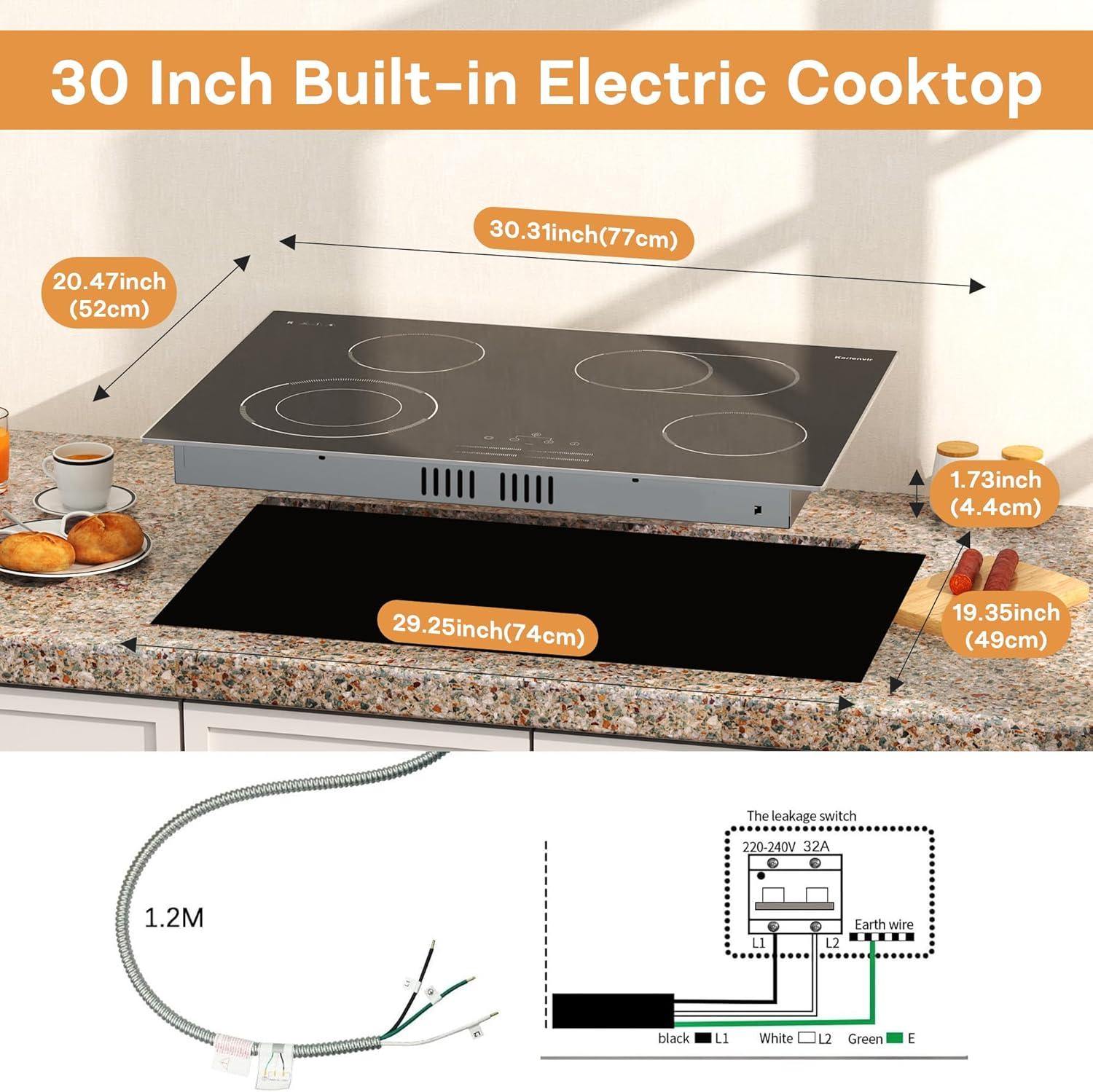 image24 Inch Electric Cooktop Built in Electrics Stove Top 4 Burner Electric Stove Touch Control 6000W 9 Power Levels Safety Lock Timer Pause Function 240V Hard WireNo PlugBlack 4 burner 30 inch