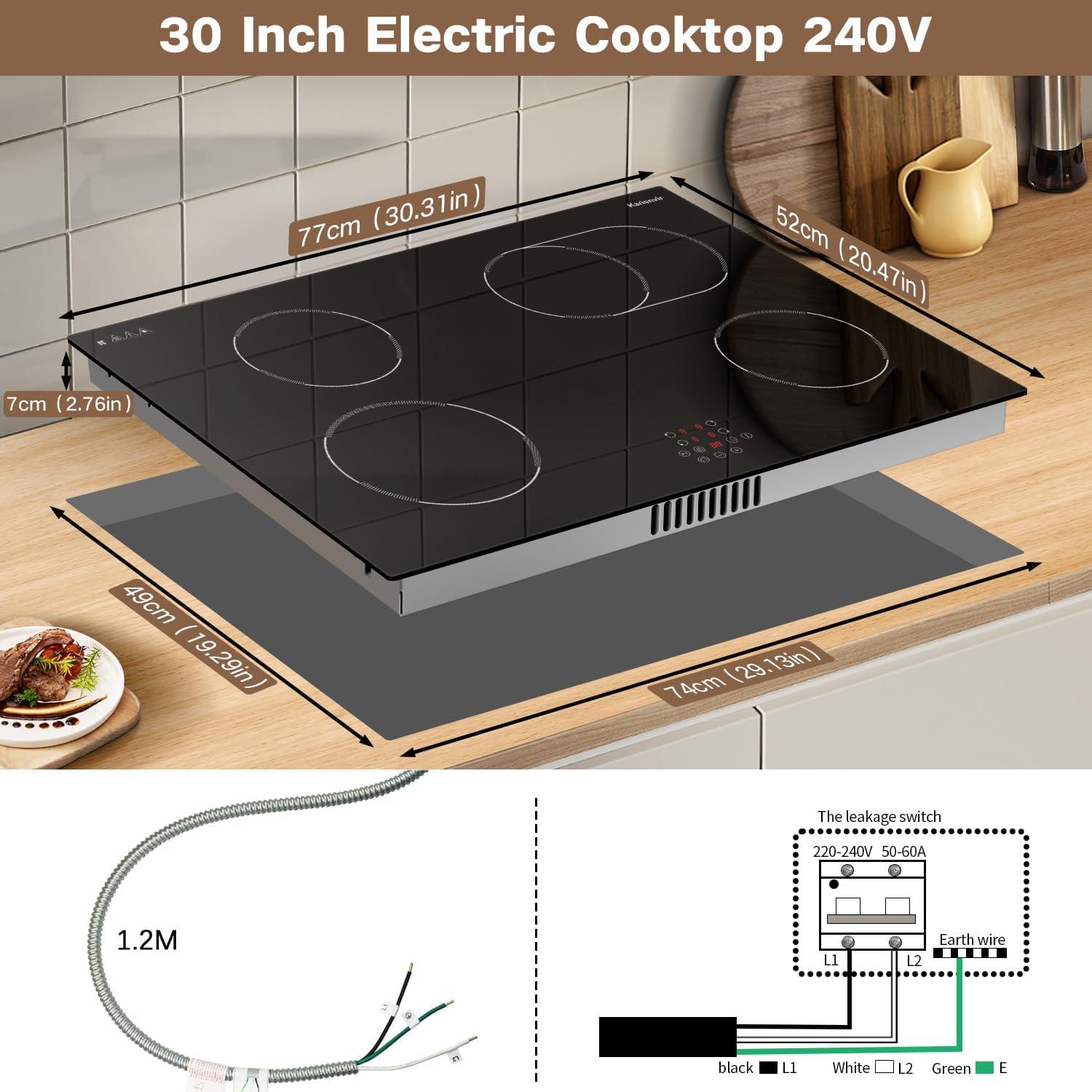 image24 Inch Electric Cooktop Built in Electrics Stove Top 4 Burner Electric Stove Touch Control 6000W 9 Power Levels Safety Lock Timer Pause Function 240V Hard WireNo Plugblack 30 inch 4 burner touch