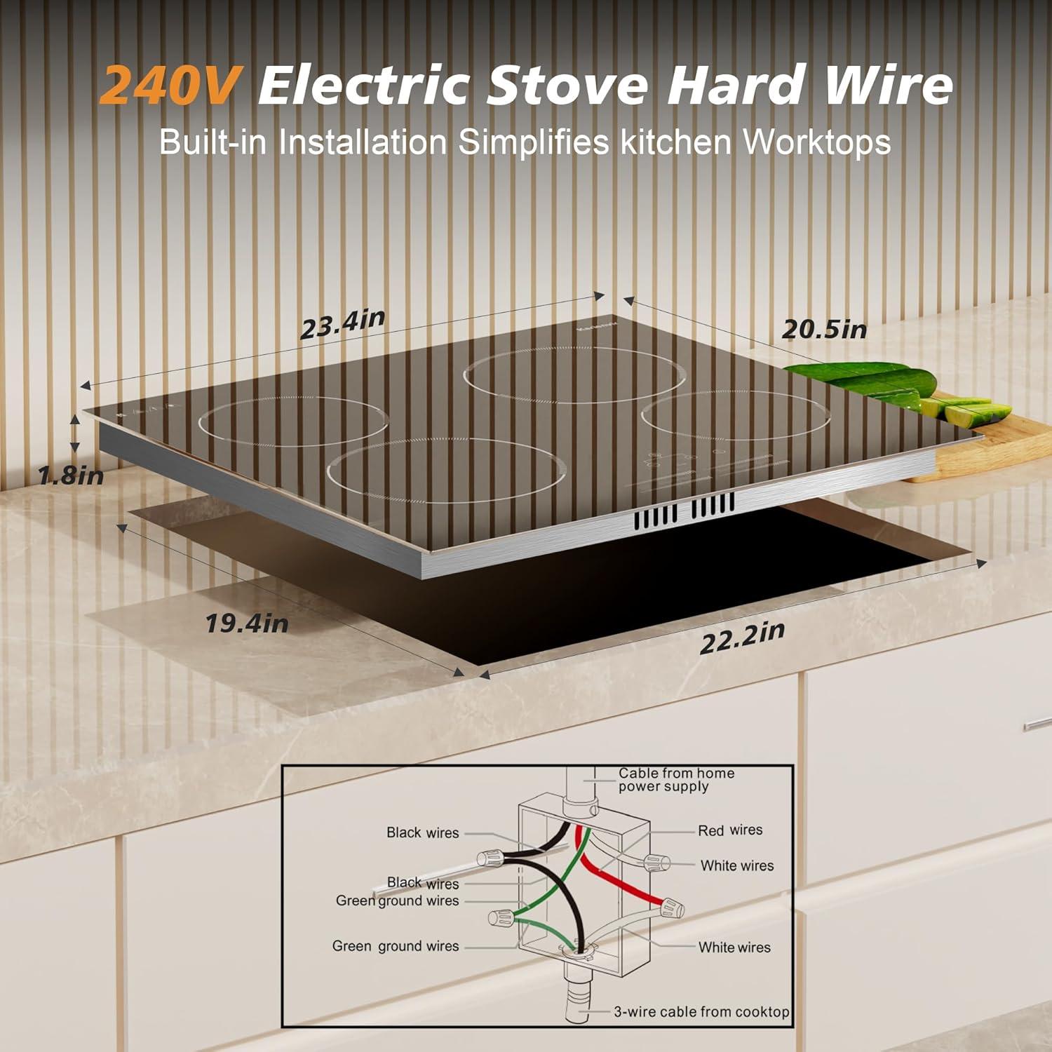 image24 Inch Electric Cooktop Built in Electrics Stove Top 4 Burner Electric Stove Touch Control 6000W 9 Power Levels Safety Lock Timer Pause Function 240V Hard WireNo Plugblack 24 inch 4 burner