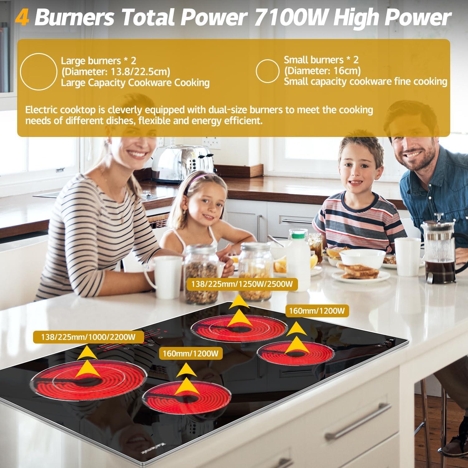 image24 Inch Electric Cooktop Built in Electrics Stove Top 4 Burner Electric Stove Touch Control 6000W 9 Power Levels Safety Lock Timer Pause Function 240V Hard WireNo Plugblack 30 inch 4 burner