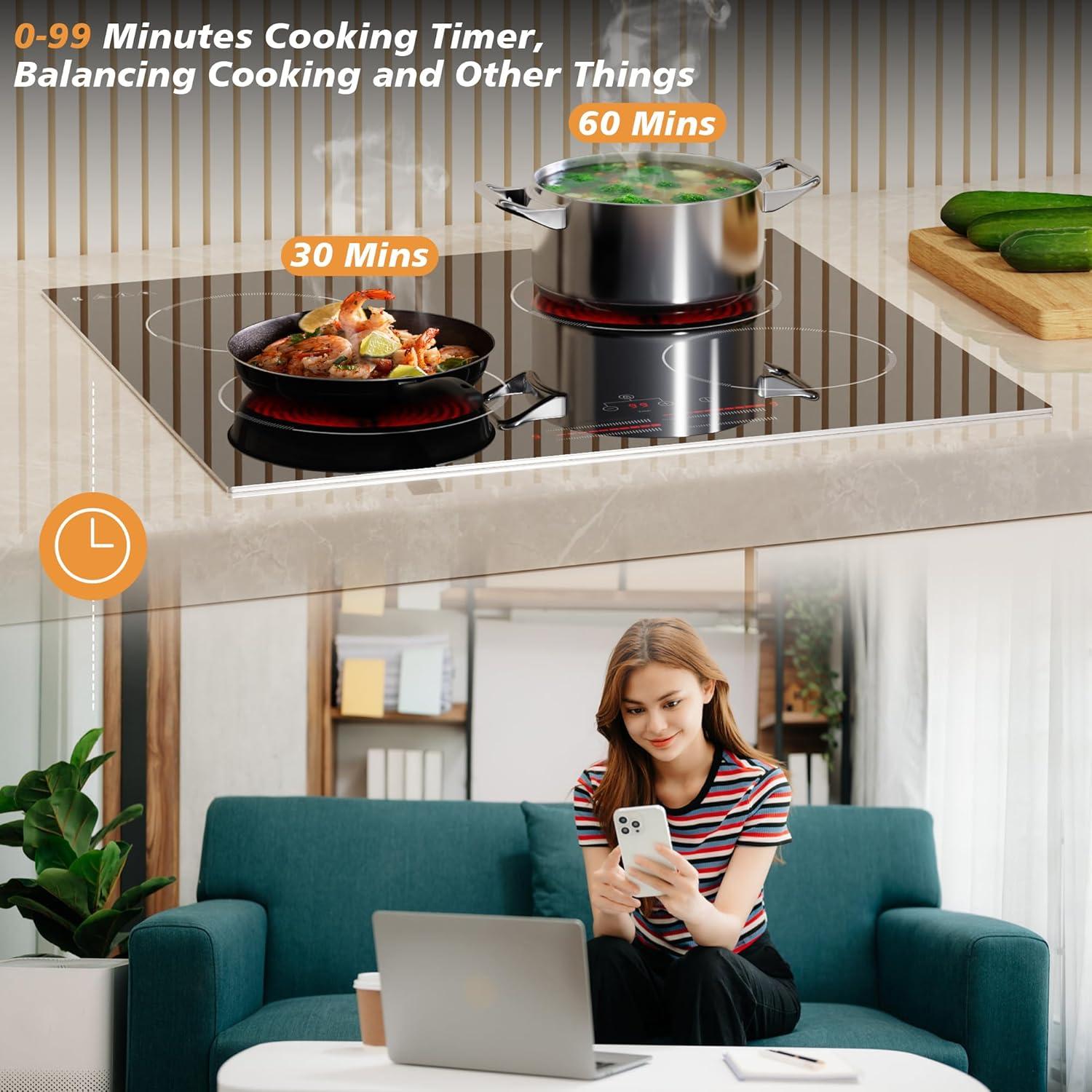 image24 Inch Electric Cooktop Built in Electrics Stove Top 4 Burner Electric Stove Touch Control 6000W 9 Power Levels Safety Lock Timer Pause Function 240V Hard WireNo Plugblack 24 inch 4 burner