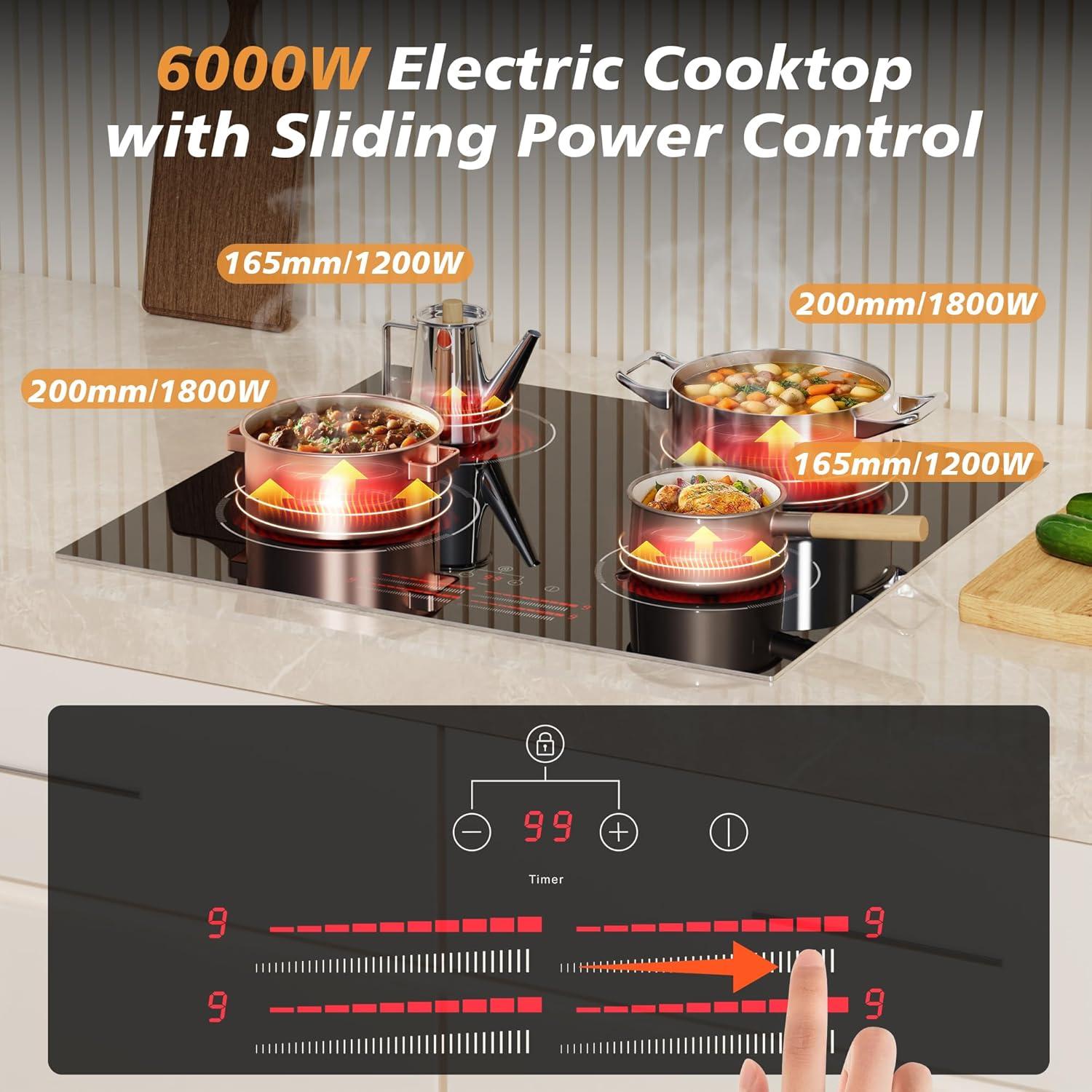 image24 Inch Electric Cooktop Built in Electrics Stove Top 4 Burner Electric Stove Touch Control 6000W 9 Power Levels Safety Lock Timer Pause Function 240V Hard WireNo Plugblack 24 inch 4 burner