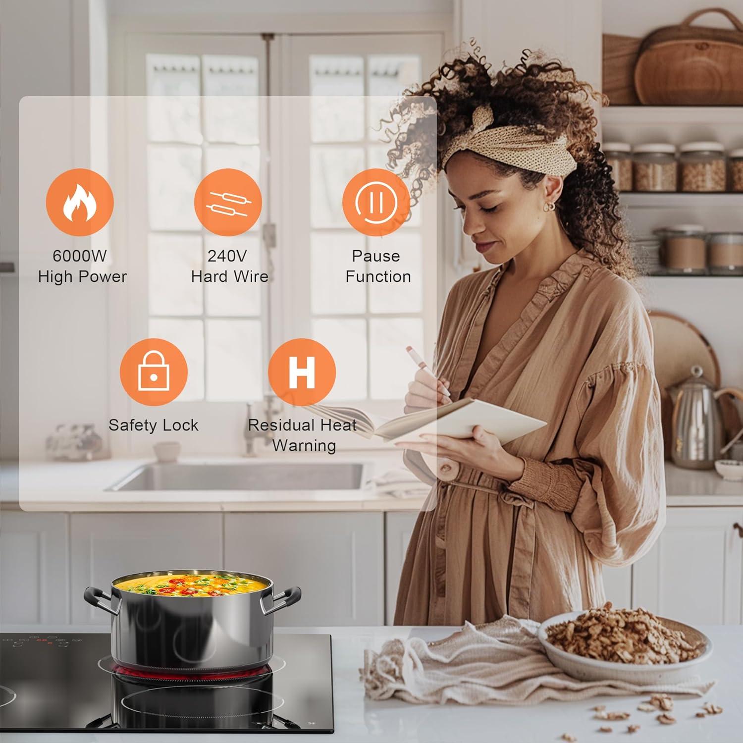 image24 Inch Electric Cooktop Built in Electrics Stove Top 4 Burner Electric Stove Touch Control 6000W 9 Power Levels Safety Lock Timer Pause Function 240V Hard WireNo PlugBlack 24 Inch 4 Burner Touch