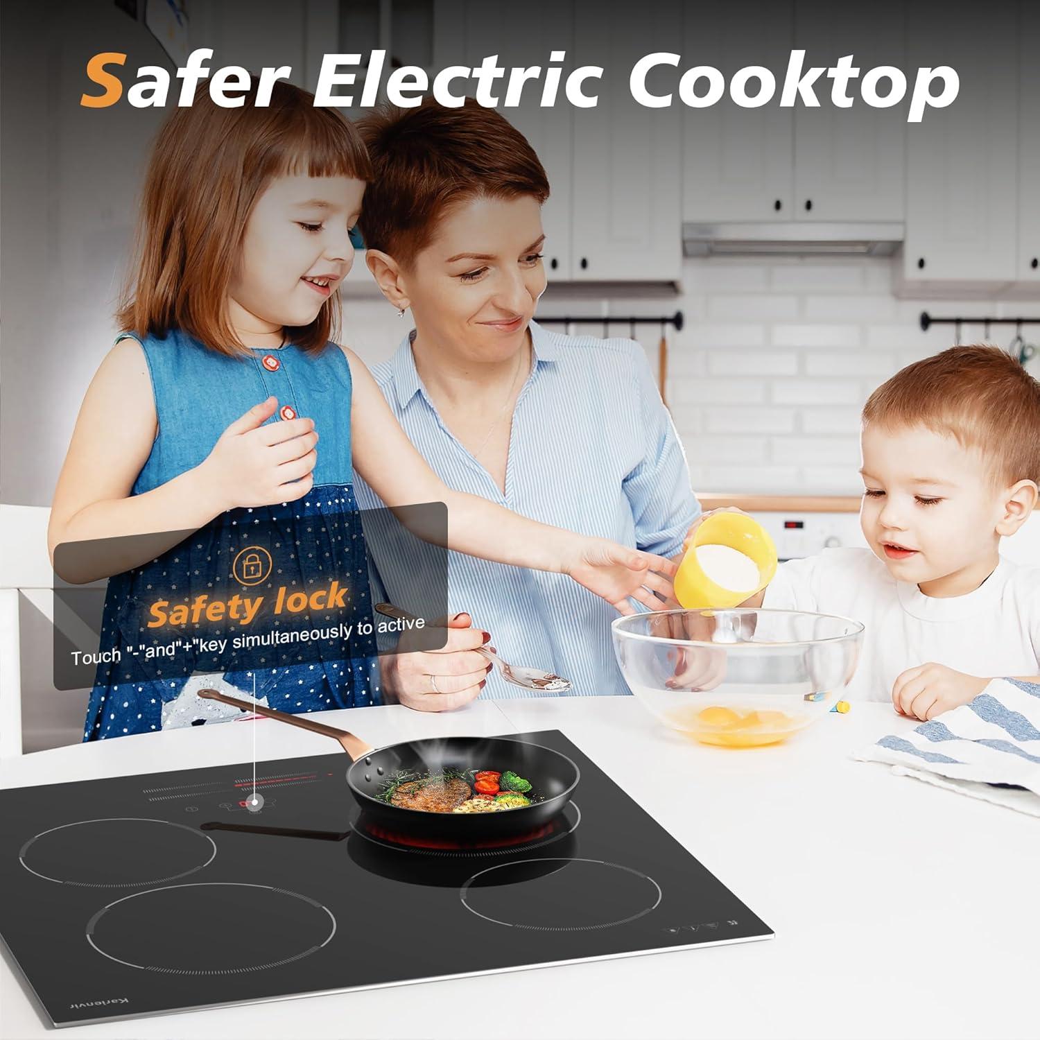 image24 Inch Electric Cooktop Built in Electrics Stove Top 4 Burner Electric Stove Touch Control 6000W 9 Power Levels Safety Lock Timer Pause Function 240V Hard WireNo Plugblack 24 inch 4 burner