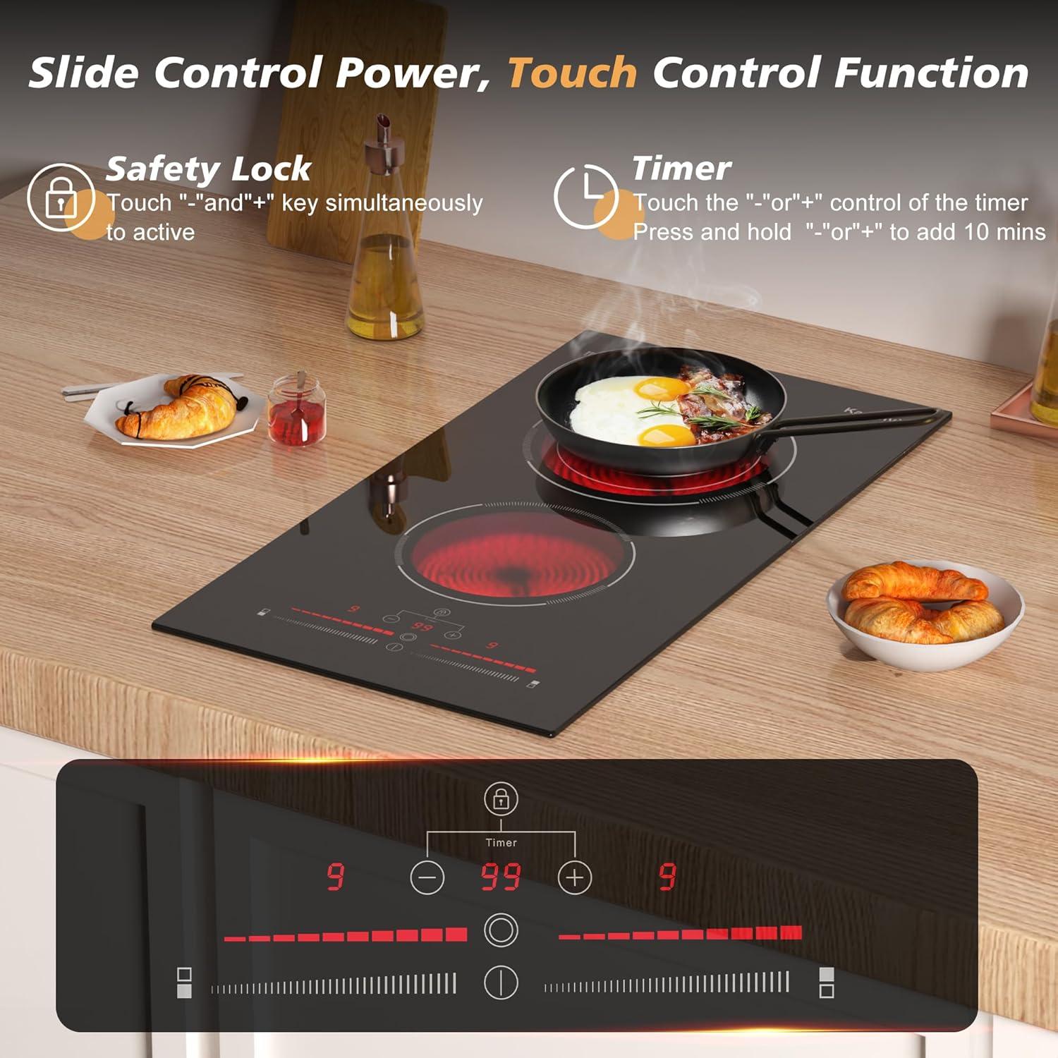 image24 Inch Electric Cooktop Built in Electrics Stove Top 4 Burner Electric Stove Touch Control 6000W 9 Power Levels Safety Lock Timer Pause Function 240V Hard WireNo Plugblack 12 inch 2 burner