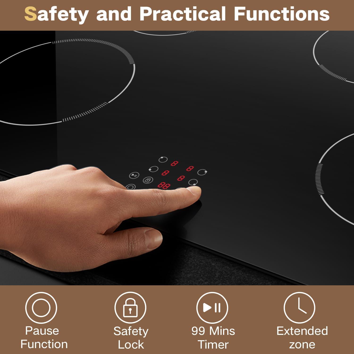 image24 Inch Electric Cooktop Built in Electrics Stove Top 4 Burner Electric Stove Touch Control 6000W 9 Power Levels Safety Lock Timer Pause Function 240V Hard WireNo Plugblack 30 inch 4 burner touch