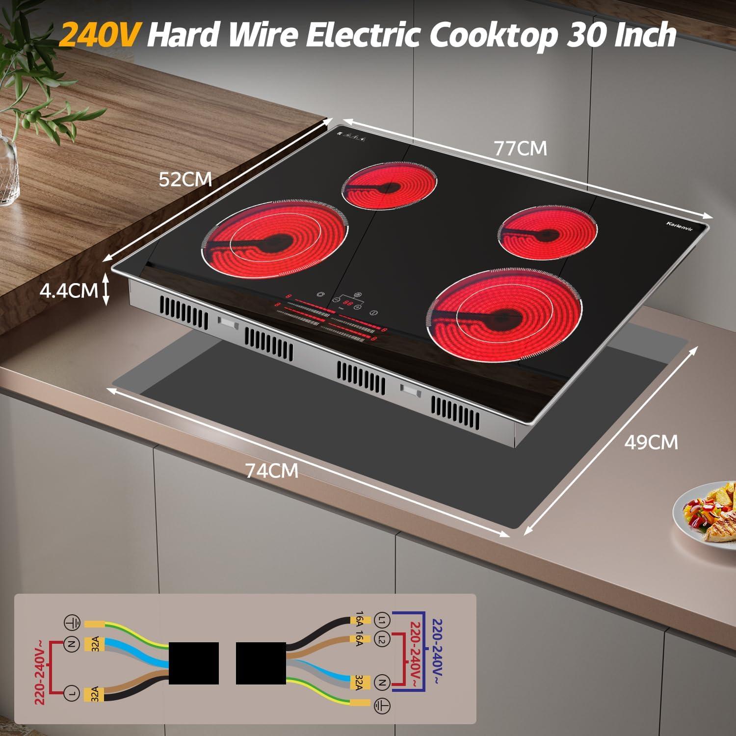 image24 Inch Electric Cooktop Built in Electrics Stove Top 4 Burner Electric Stove Touch Control 6000W 9 Power Levels Safety Lock Timer Pause Function 240V Hard WireNo Plugblack 30 inch 4 burner