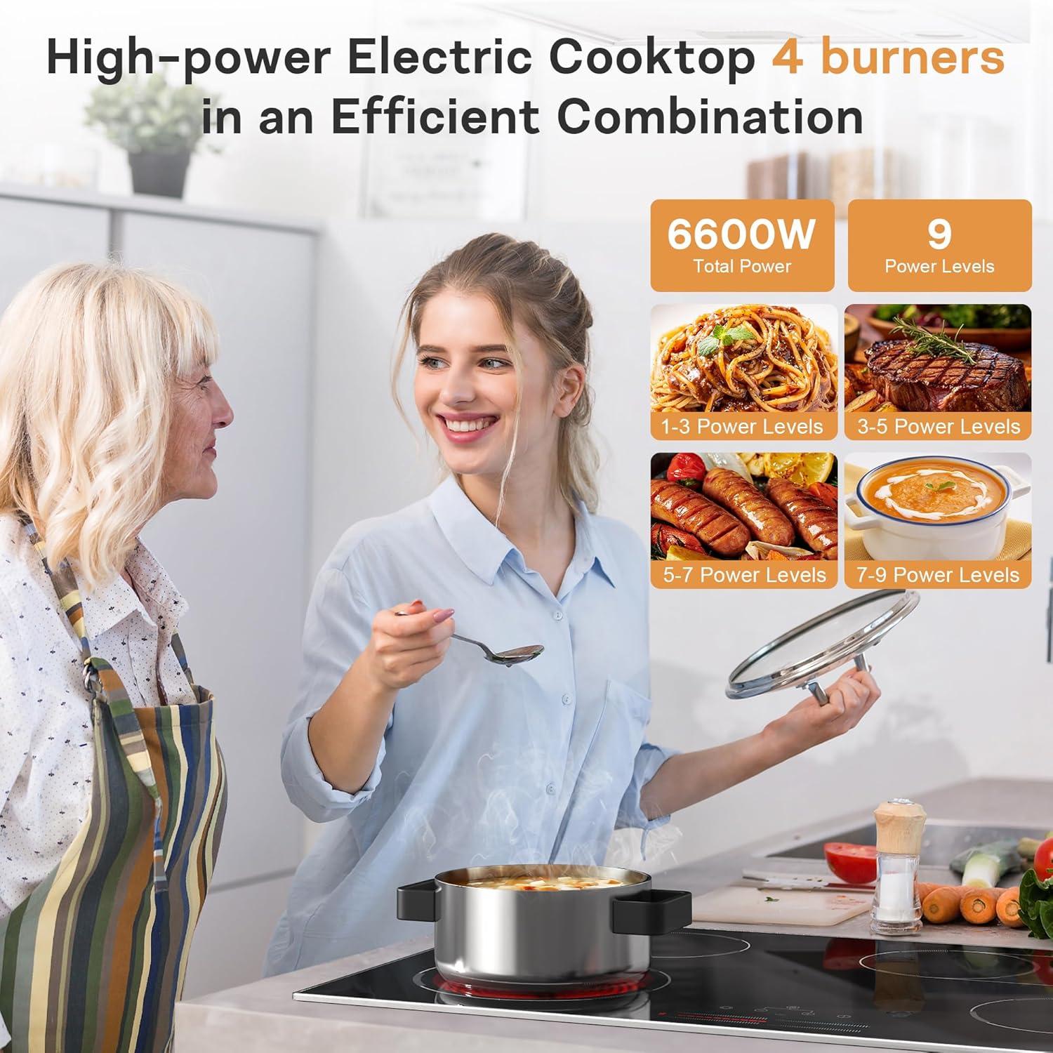 image24 Inch Electric Cooktop Built in Electrics Stove Top 4 Burner Electric Stove Touch Control 6000W 9 Power Levels Safety Lock Timer Pause Function 240V Hard WireNo PlugBlack 4 burner 30 inch