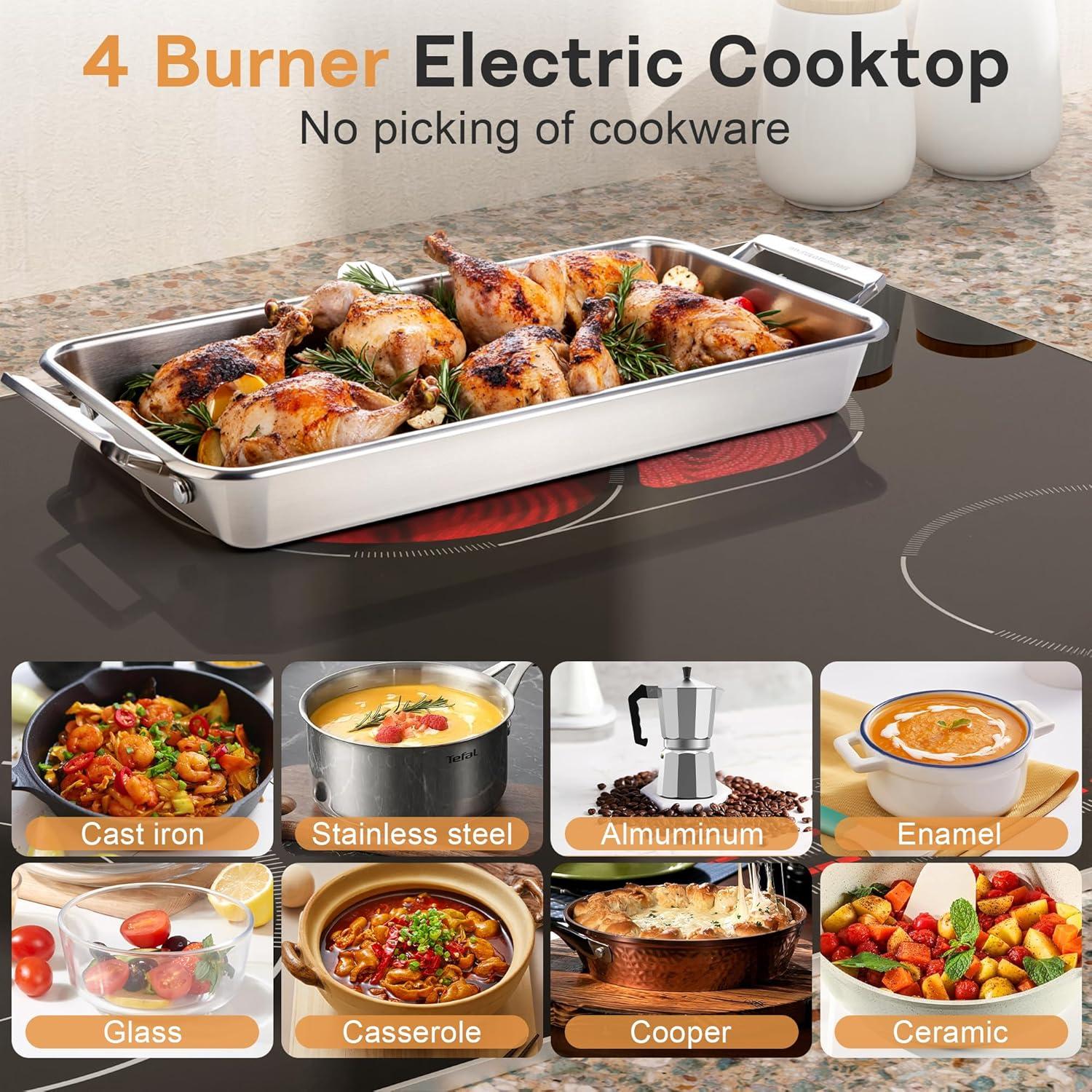 image24 Inch Electric Cooktop Built in Electrics Stove Top 4 Burner Electric Stove Touch Control 6000W 9 Power Levels Safety Lock Timer Pause Function 240V Hard WireNo PlugBlack 4 burner 30 inch