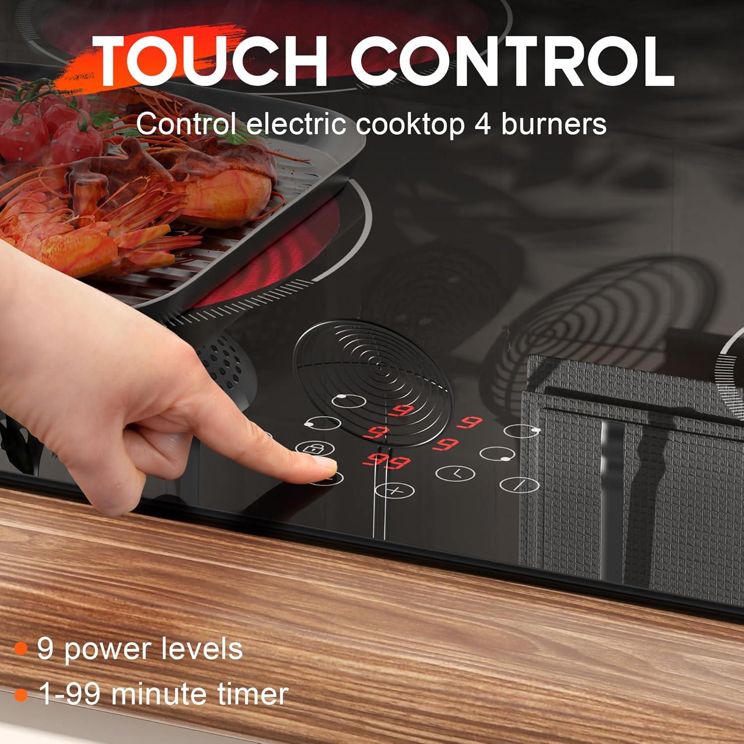 image24 Inch Electric Cooktop Built in Electrics Stove Top 4 Burner Electric Stove Touch Control 6000W 9 Power Levels Safety Lock Timer Pause Function 240V Hard WireNo PlugBlack 24 Inch 4 Burner Touch