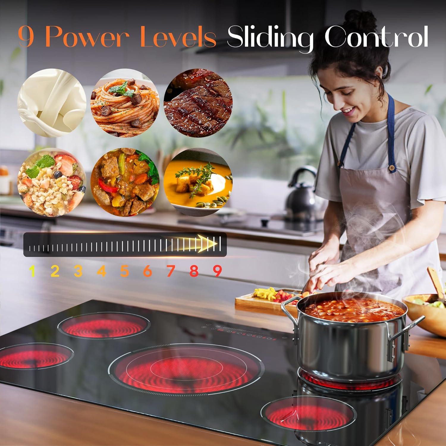 image24 Inch Electric Cooktop Built in Electrics Stove Top 4 Burner Electric Stove Touch Control 6000W 9 Power Levels Safety Lock Timer Pause Function 240V Hard WireNo PlugBlack 36 Inch Slide control