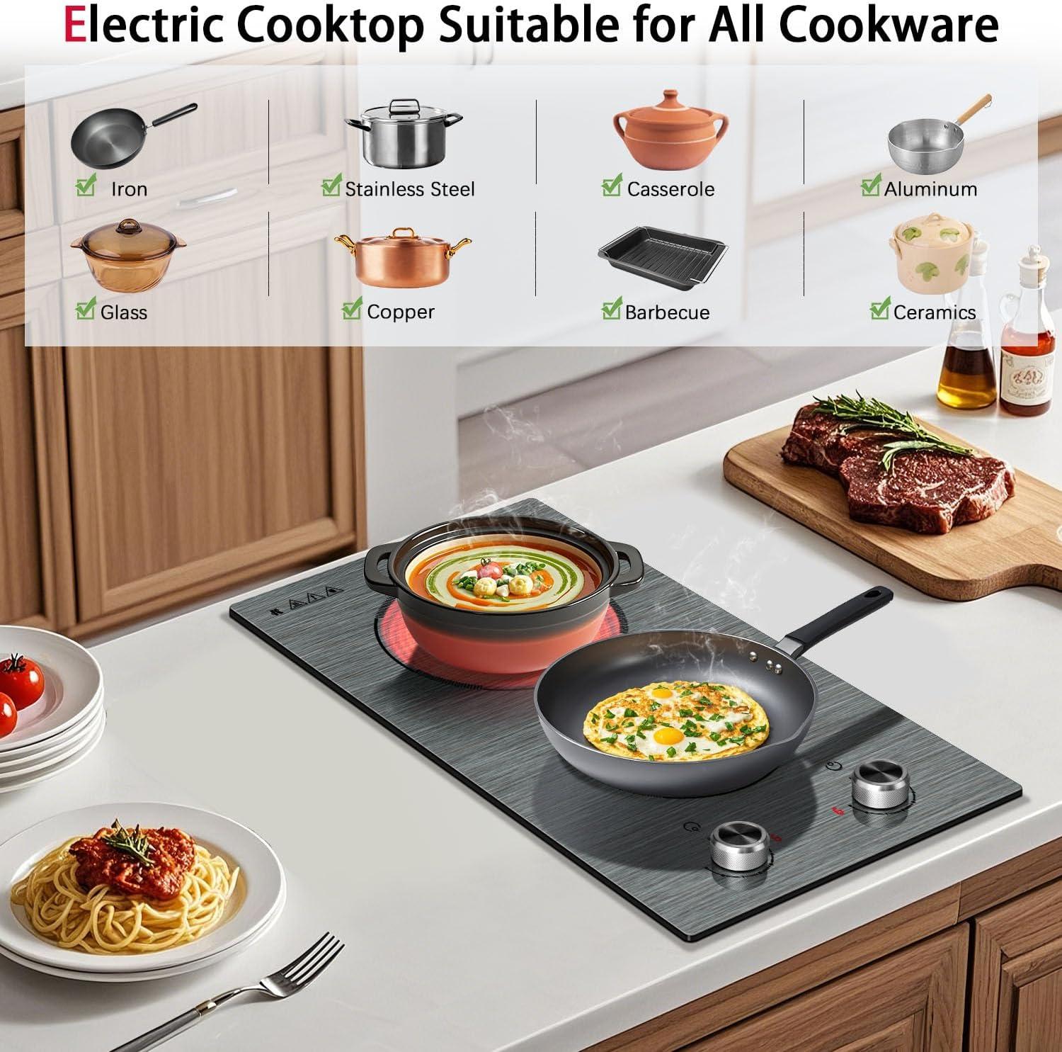 imageElectric Cooktop 24 Inch 4 Burner Electric Stove 6000W Textured Pattern 9 Power Lecels 220V240V Builtin Electrics Radiant Cooktop Knob Control Safe Lock Timer Pause12 inch drawing knob