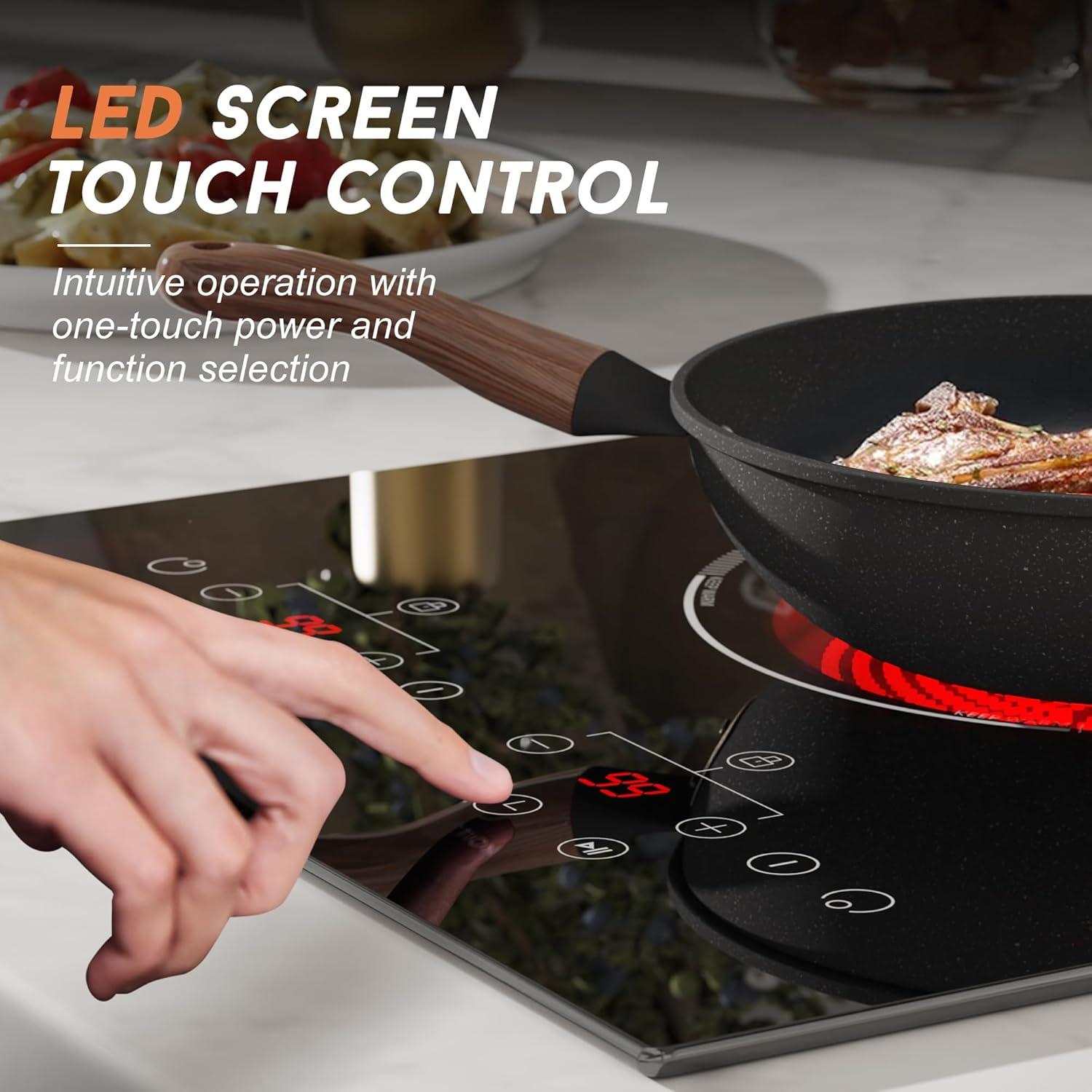 imageElectric Cooktop 24 Inch 4 Burner Electric Stove 6000W Textured Pattern 9 Power Lecels 220V240V Builtin Electrics Radiant Cooktop Knob Control Safe Lock Timer Pause12 inch black touch