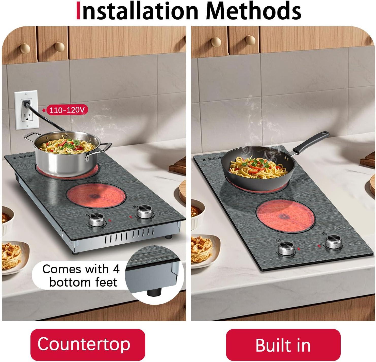imageElectric Cooktop 24 Inch 4 Burner Electric Stove 6000W Textured Pattern 9 Power Lecels 220V240V Builtin Electrics Radiant Cooktop Knob Control Safe Lock Timer Pause12 inch drawing knob