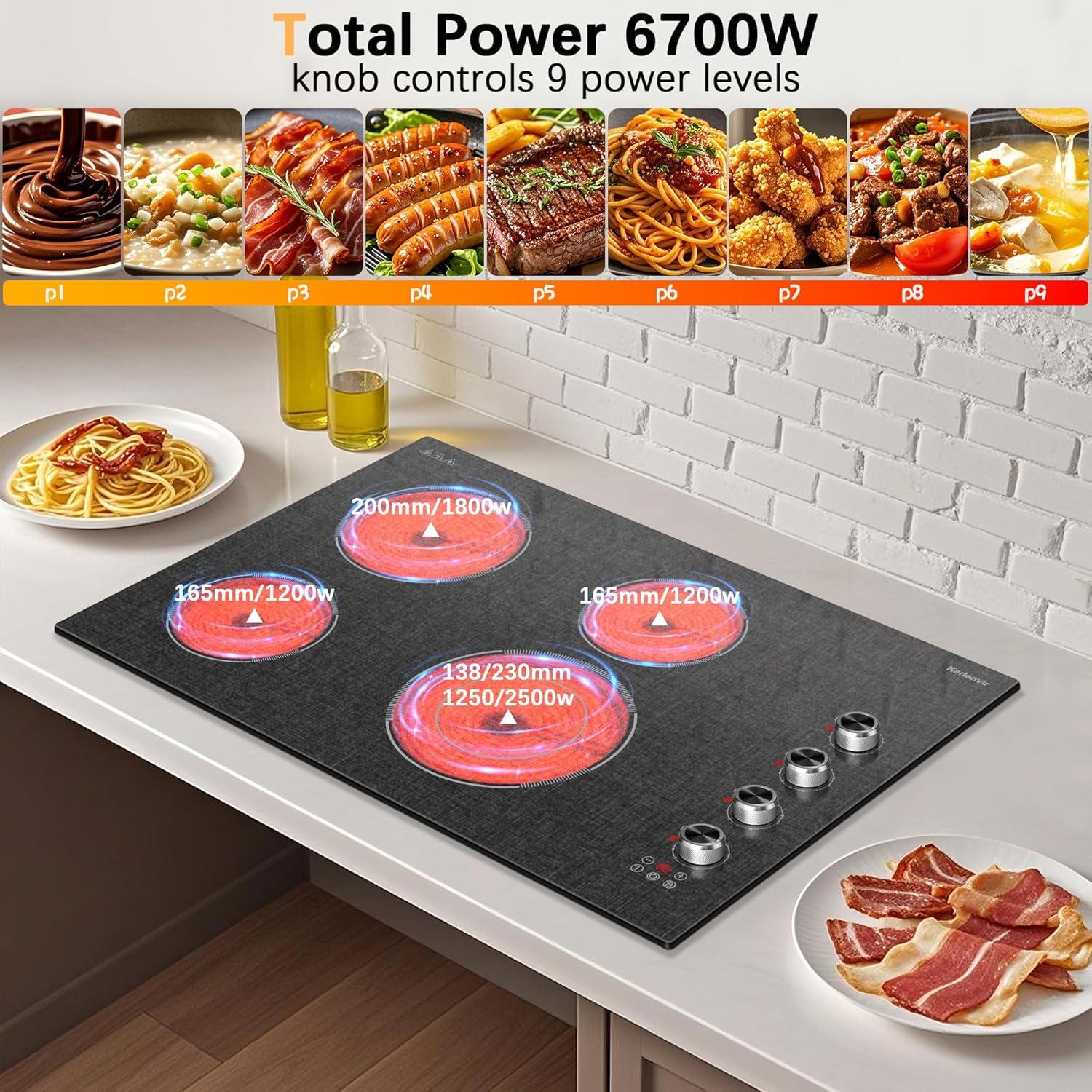 imageElectric Cooktop 24 Inch 4 Burner Electric Stove 6000W Textured Pattern 9 Power Lecels 220V240V Builtin Electrics Radiant Cooktop Knob Control Safe Lock Timer Pause30 Inch Black H03