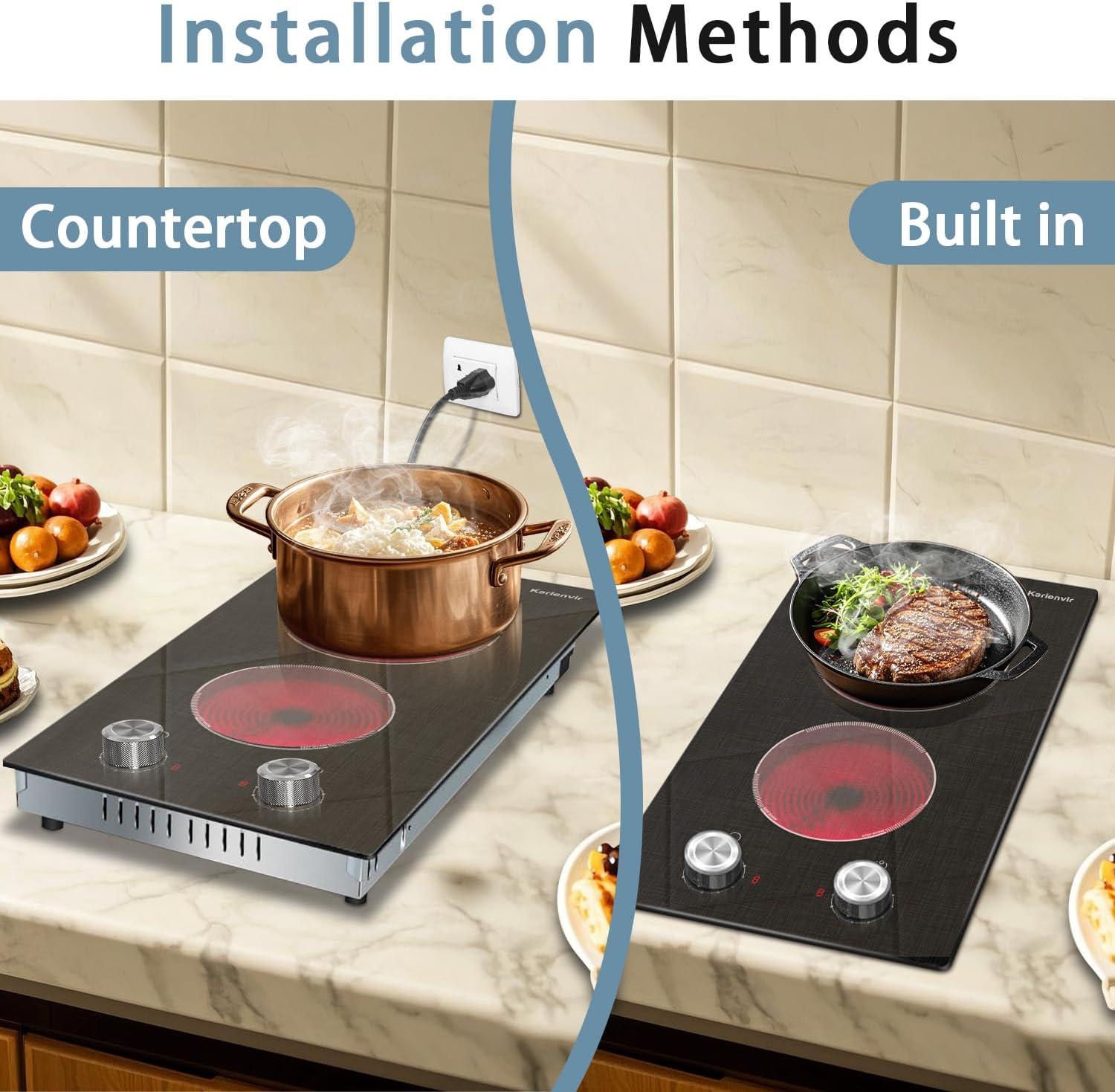 imageElectric Cooktop 24 Inch 4 Burner Electric Stove 6000W Textured Pattern 9 Power Lecels 220V240V Builtin Electrics Radiant Cooktop Knob Control Safe Lock Timer Pause12 inch grain knob