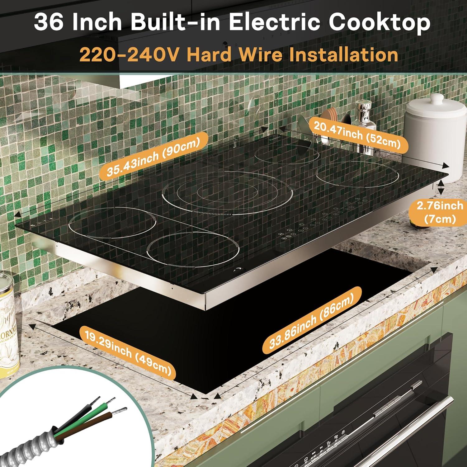 imageElectric Cooktop 24 Inch 4 Burner Electric Stove 6000W Textured Pattern 9 Power Lecels 220V240V Builtin Electrics Radiant Cooktop Knob Control Safe Lock Timer PauseBlack 36 Inch Touch Control