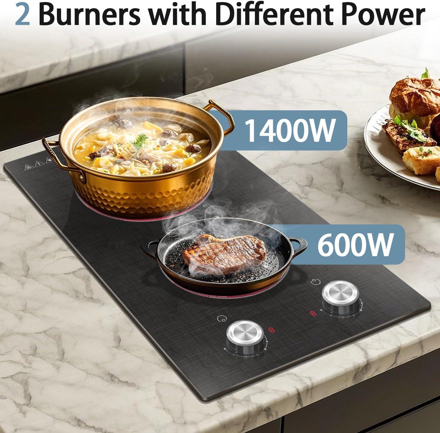 imageElectric Cooktop 24 Inch 4 Burner Electric Stove 6000W Textured Pattern 9 Power Lecels 220V240V Builtin Electrics Radiant Cooktop Knob Control Safe Lock Timer Pause12 inch grain knob