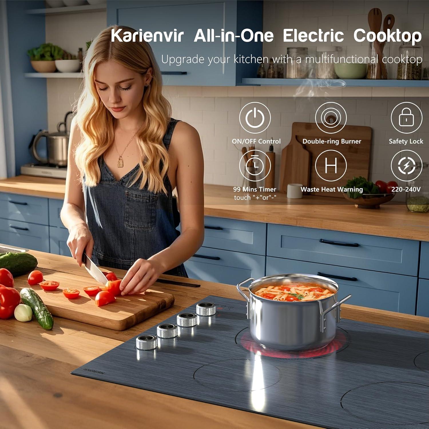 imageElectric Cooktop 24 Inch 4 Burner Electric Stove 6000W Textured Pattern 9 Power Lecels 220V240V Builtin Electrics Radiant Cooktop Knob Control Safe Lock Timer Pause30 Inch 4 Burner Black 207