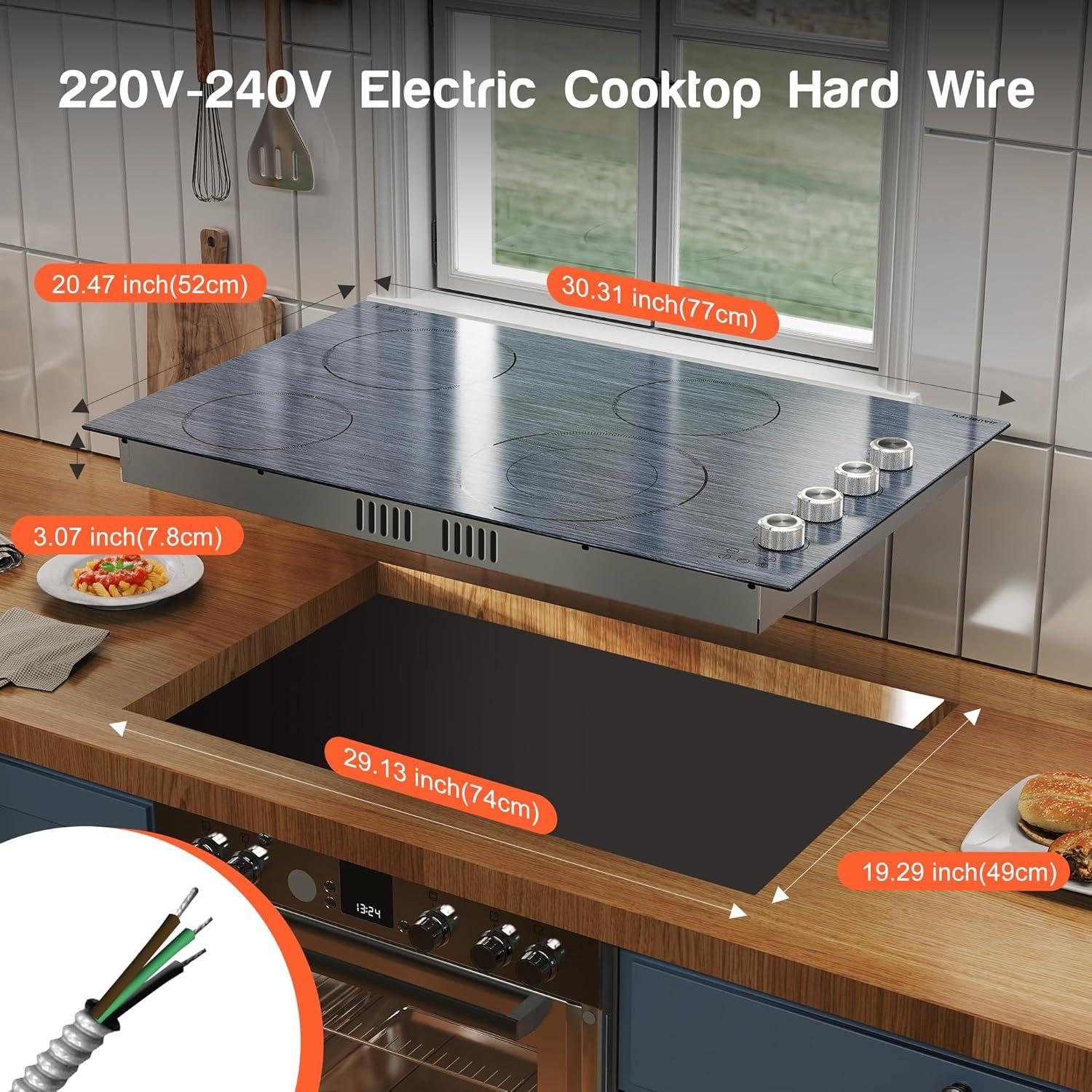 imageElectric Cooktop 24 Inch 4 Burner Electric Stove 6000W Textured Pattern 9 Power Lecels 220V240V Builtin Electrics Radiant Cooktop Knob Control Safe Lock Timer Pause30 Inch 4 Burner Black 207