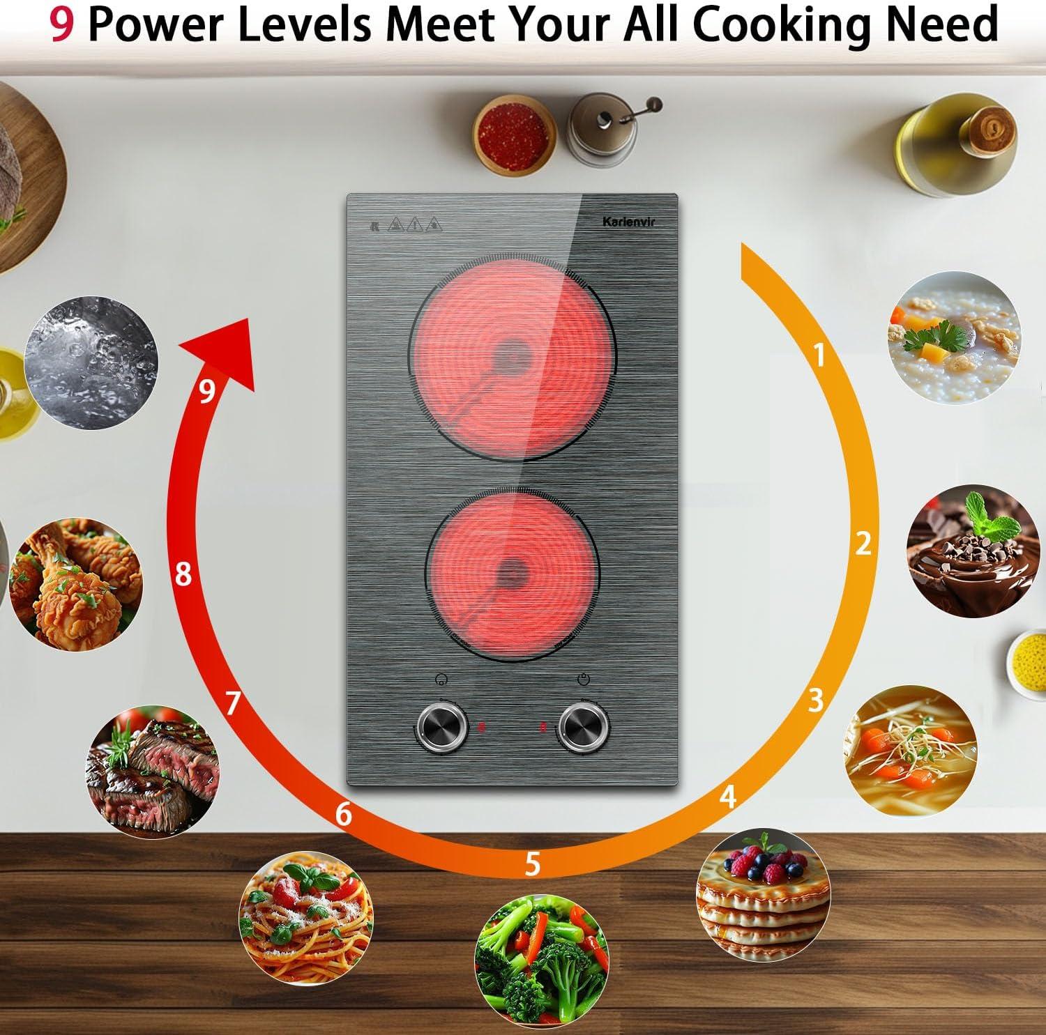 imageElectric Cooktop 24 Inch 4 Burner Electric Stove 6000W Textured Pattern 9 Power Lecels 220V240V Builtin Electrics Radiant Cooktop Knob Control Safe Lock Timer Pause12 inch drawing knob