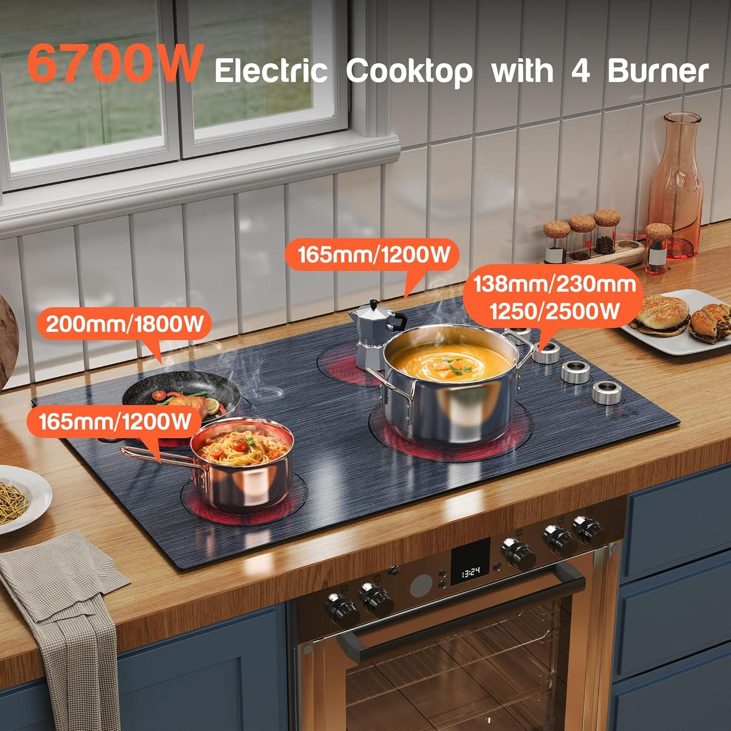 imageElectric Cooktop 24 Inch 4 Burner Electric Stove 6000W Textured Pattern 9 Power Lecels 220V240V Builtin Electrics Radiant Cooktop Knob Control Safe Lock Timer Pause30 Inch 4 Burner Black 207