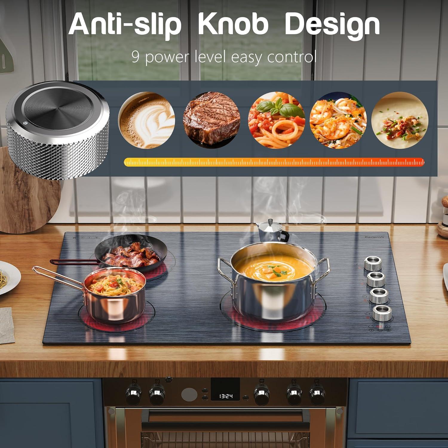 imageElectric Cooktop 24 Inch 4 Burner Electric Stove 6000W Textured Pattern 9 Power Lecels 220V240V Builtin Electrics Radiant Cooktop Knob Control Safe Lock Timer Pause30 Inch 4 Burner Black 207