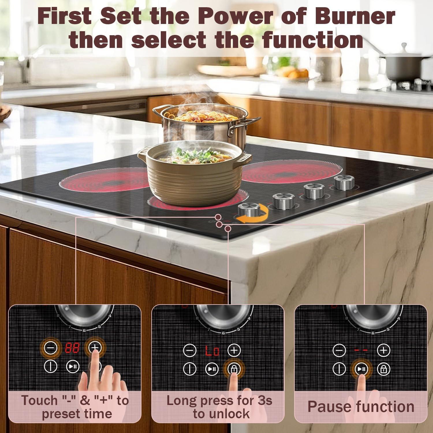 imageElectric Cooktop 24 Inch 4 Burner Electric Stove 6000W Textured Pattern 9 Power Lecels 220V240V Builtin Electrics Radiant Cooktop Knob Control Safe Lock Timer Pause24 Inch Black H03
