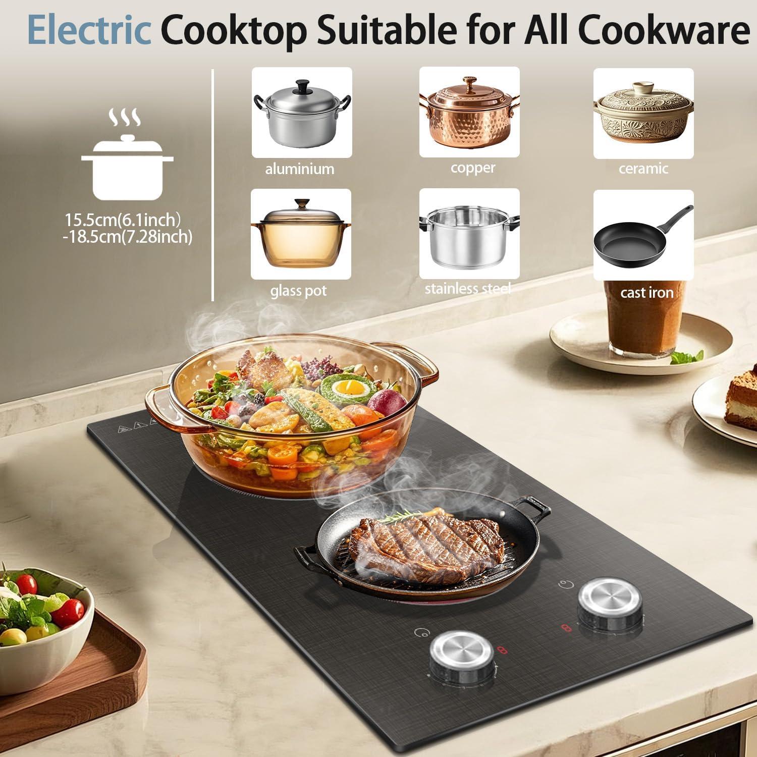 imageElectric Cooktop 24 Inch 4 Burner Electric Stove 6000W Textured Pattern 9 Power Lecels 220V240V Builtin Electrics Radiant Cooktop Knob Control Safe Lock Timer Pause12 inch grain knob