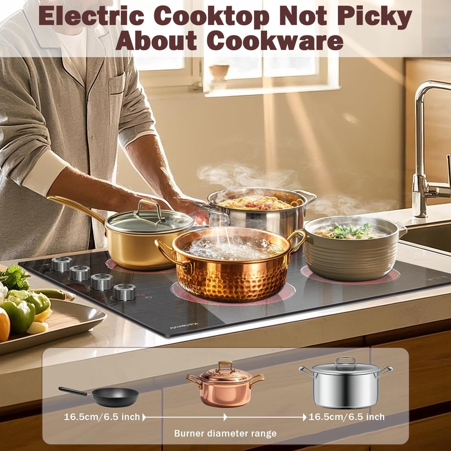 imageElectric Cooktop 24 Inch 4 Burner Electric Stove 6000W Textured Pattern 9 Power Lecels 220V240V Builtin Electrics Radiant Cooktop Knob Control Safe Lock Timer Pause24 Inch Black H03
