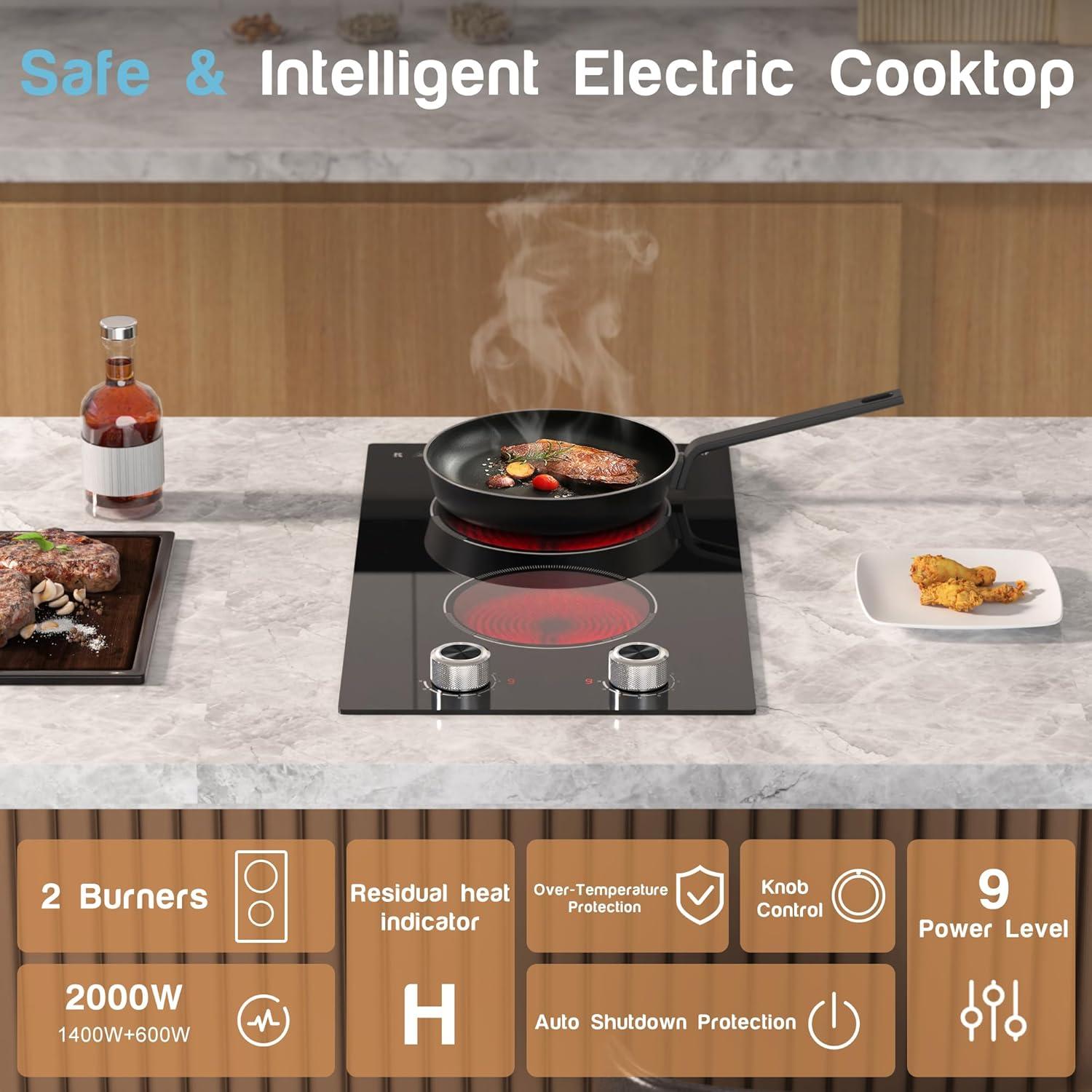 imageElectric Cooktop 24 Inch 4 Burner Electric Stove 6000W Textured Pattern 9 Power Lecels 220V240V Builtin Electrics Radiant Cooktop Knob Control Safe Lock Timer Pause12 inch black knob