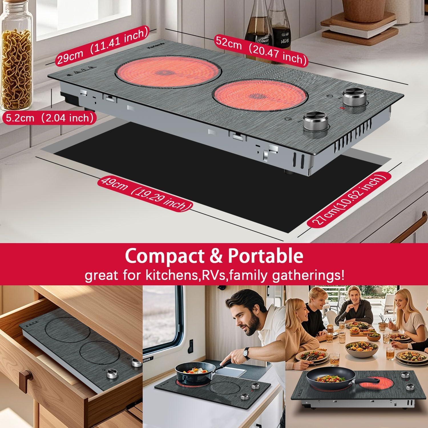 imageElectric Cooktop 24 Inch 4 Burner Electric Stove 6000W Textured Pattern 9 Power Lecels 220V240V Builtin Electrics Radiant Cooktop Knob Control Safe Lock Timer Pause12 inch drawing knob