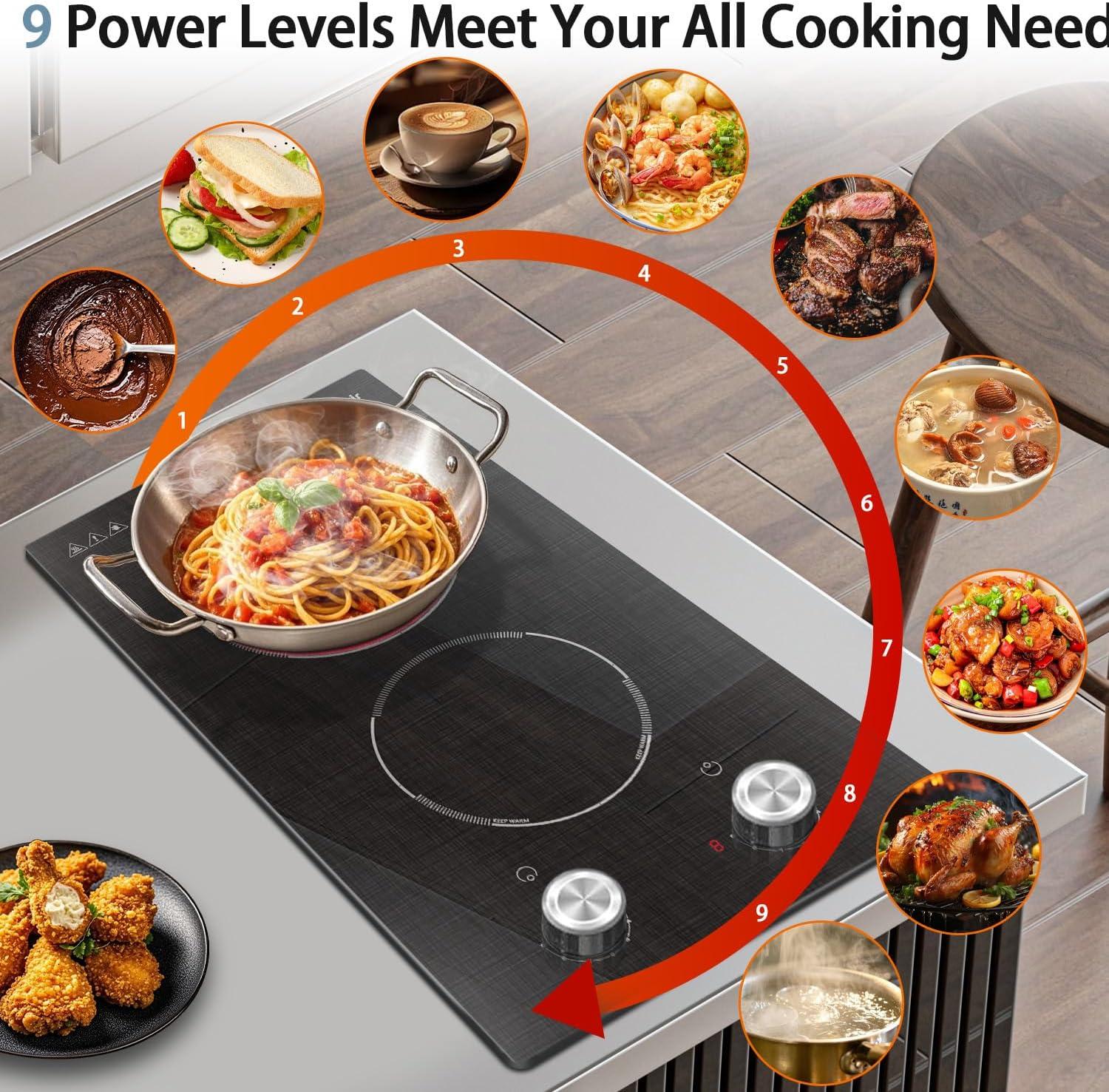 imageElectric Cooktop 24 Inch 4 Burner Electric Stove 6000W Textured Pattern 9 Power Lecels 220V240V Builtin Electrics Radiant Cooktop Knob Control Safe Lock Timer Pause12 inch grain knob