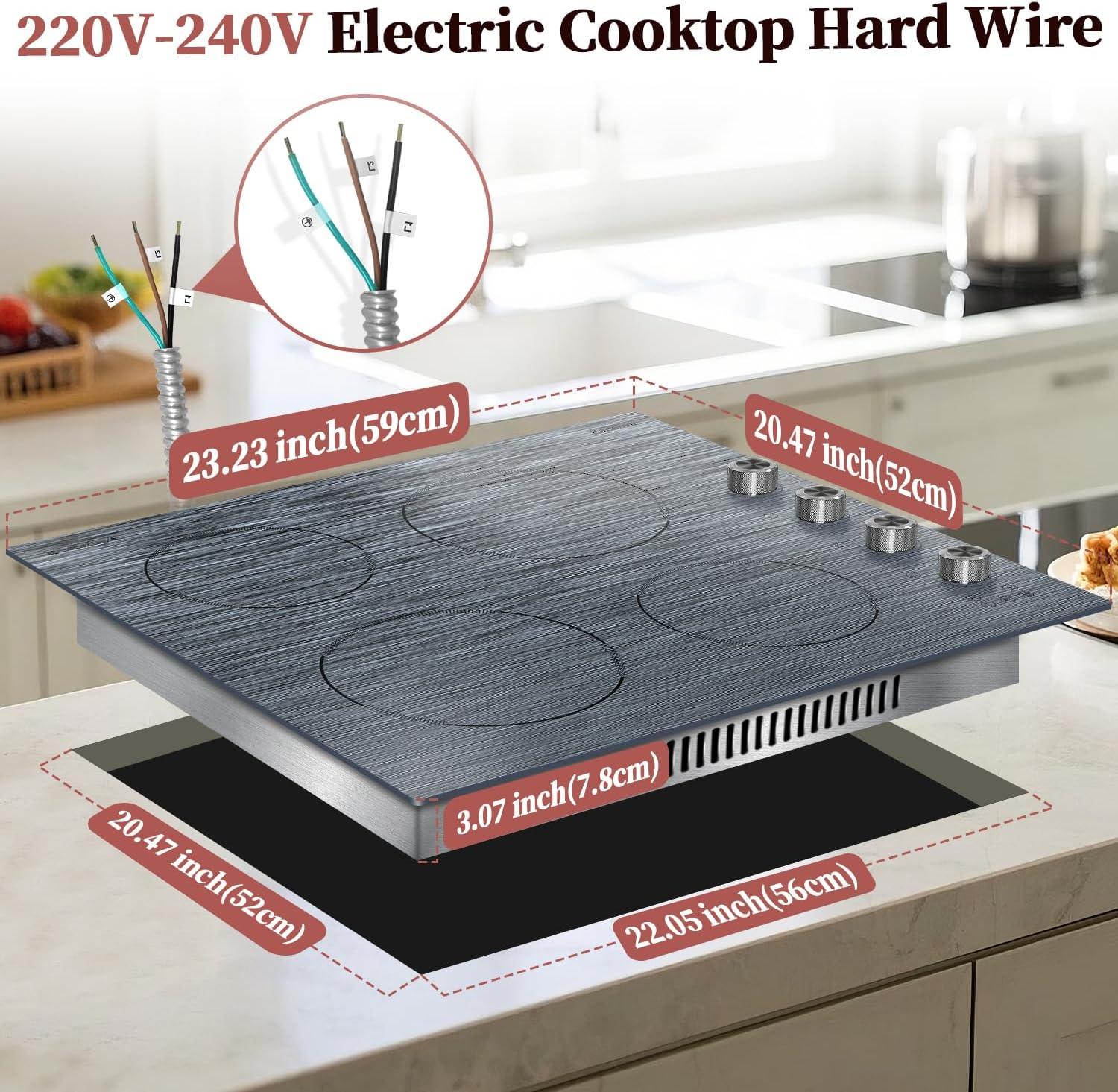 imageElectric Cooktop 24 Inch 4 Burner Electric Stove 6000W Textured Pattern 9 Power Lecels 220V240V Builtin Electrics Radiant Cooktop Knob Control Safe Lock Timer Pause24 Inch Black 207