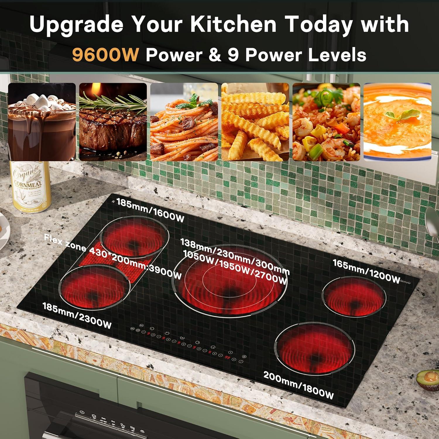 imageElectric Cooktop 24 Inch 4 Burner Electric Stove 6000W Textured Pattern 9 Power Lecels 220V240V Builtin Electrics Radiant Cooktop Knob Control Safe Lock Timer PauseBlack 36 Inch Touch Control