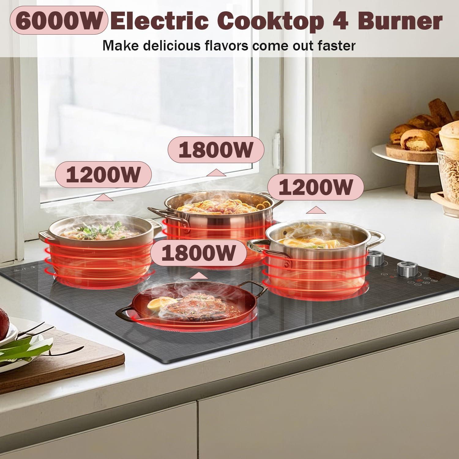 imageElectric Cooktop 24 Inch 4 Burner Electric Stove 6000W Textured Pattern 9 Power Lecels 220V240V Builtin Electrics Radiant Cooktop Knob Control Safe Lock Timer Pause24 Inch Black H03