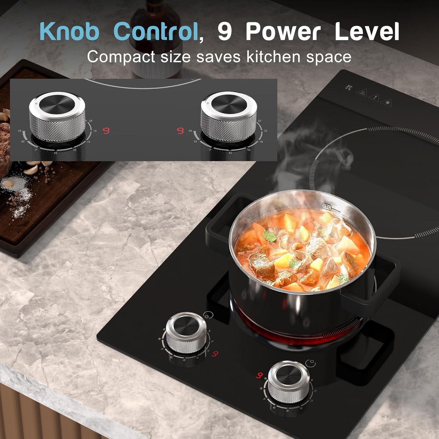 imageElectric Cooktop 24 Inch 4 Burner Electric Stove 6000W Textured Pattern 9 Power Lecels 220V240V Builtin Electrics Radiant Cooktop Knob Control Safe Lock Timer Pause12 inch black knob