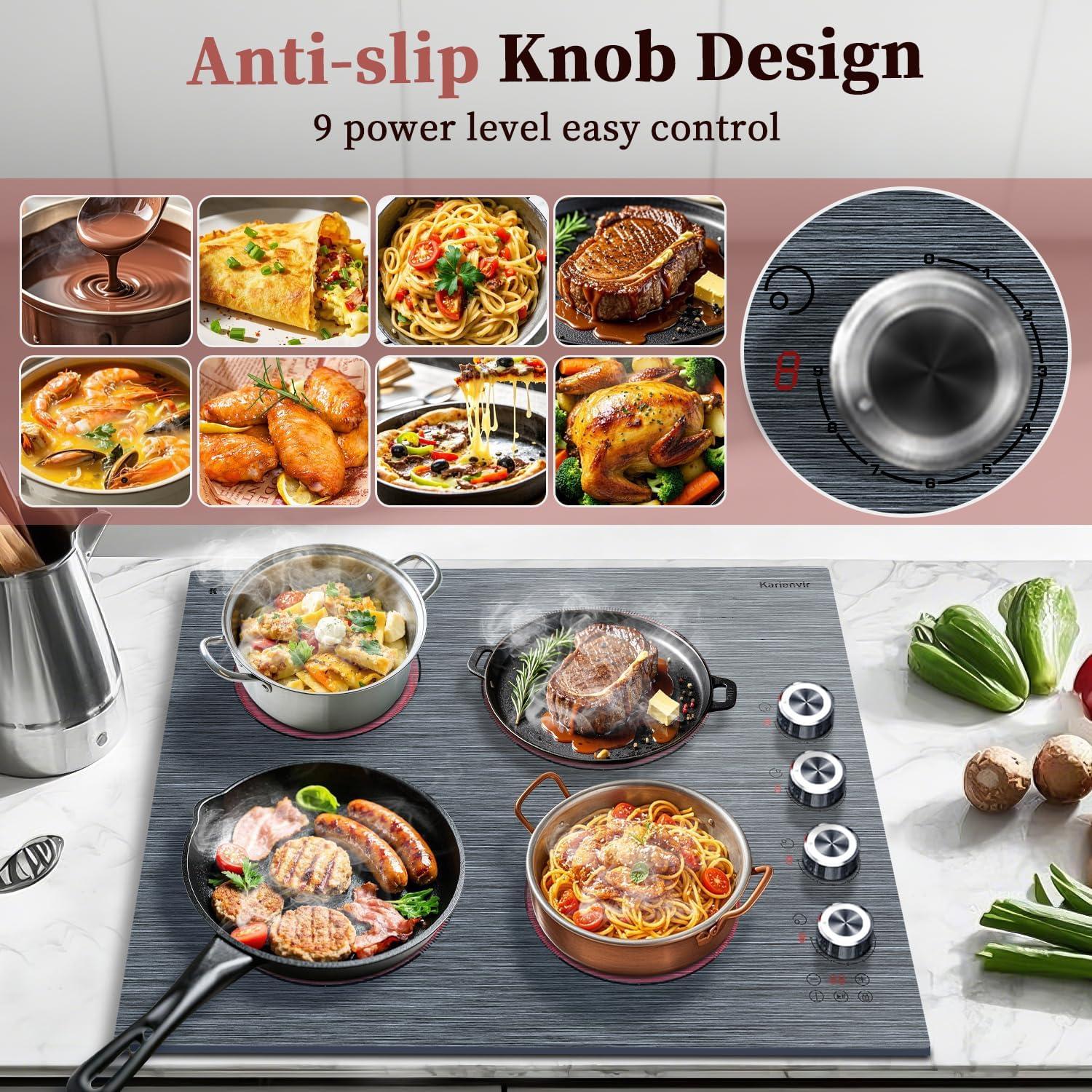 imageElectric Cooktop 24 Inch 4 Burner Electric Stove 6000W Textured Pattern 9 Power Lecels 220V240V Builtin Electrics Radiant Cooktop Knob Control Safe Lock Timer Pause24 Inch Black 207