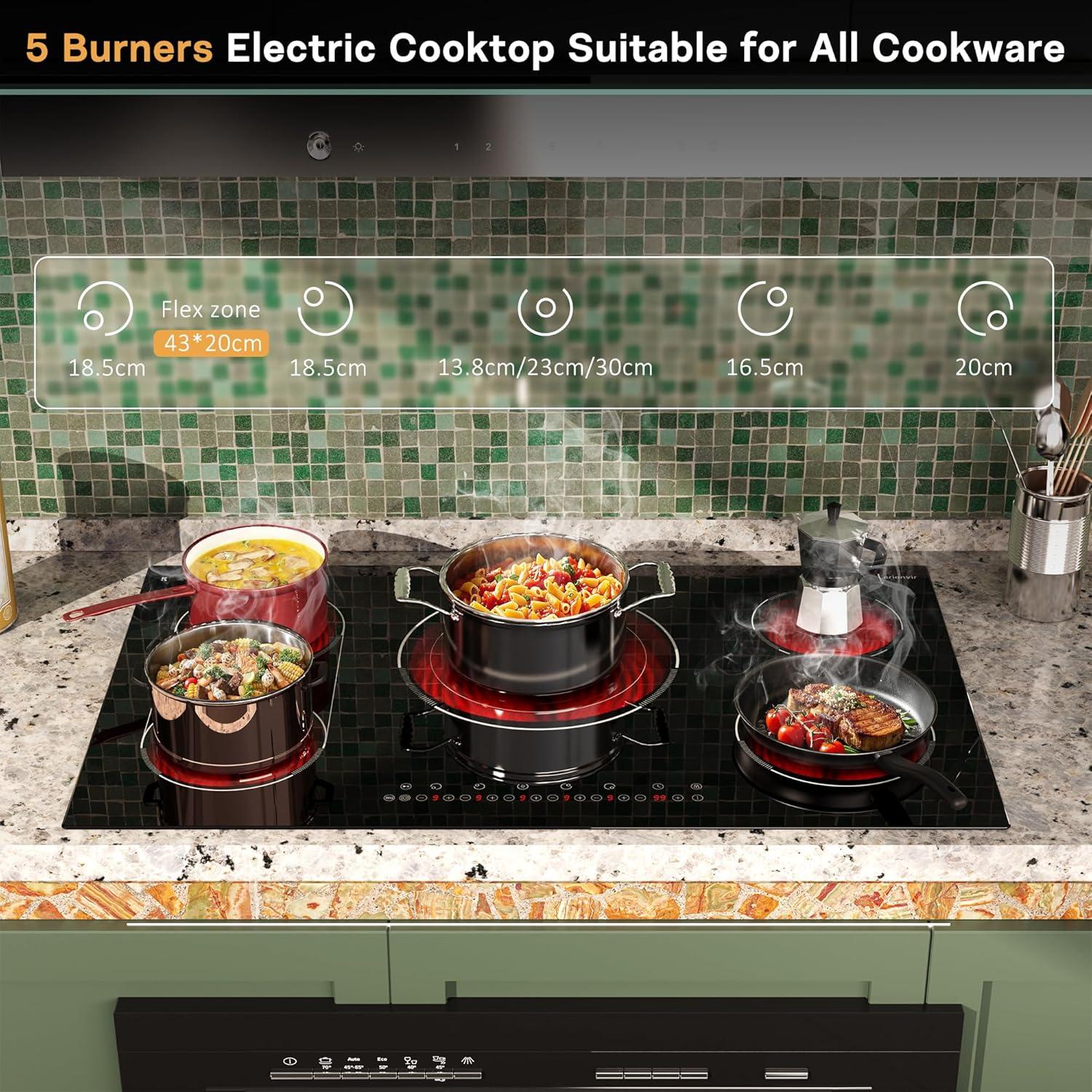 imageElectric Cooktop 24 Inch 4 Burner Electric Stove 6000W Textured Pattern 9 Power Lecels 220V240V Builtin Electrics Radiant Cooktop Knob Control Safe Lock Timer PauseBlack 36 Inch Touch Control