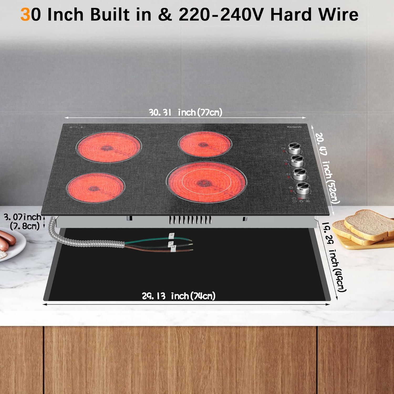 imageElectric Cooktop 24 Inch 4 Burner Electric Stove 6000W Textured Pattern 9 Power Lecels 220V240V Builtin Electrics Radiant Cooktop Knob Control Safe Lock Timer Pause30 Inch Black H03