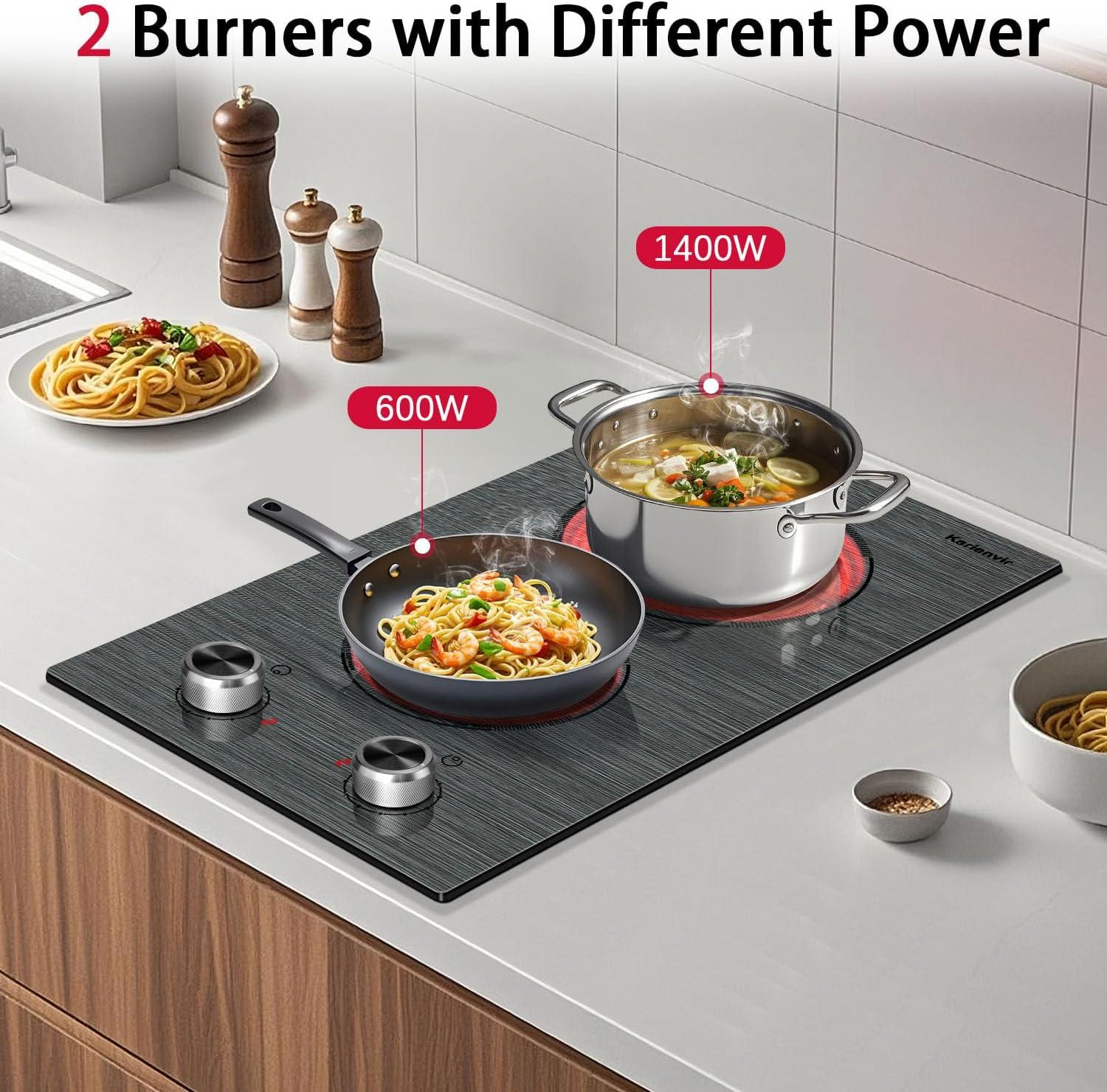 imageElectric Cooktop 24 Inch 4 Burner Electric Stove 6000W Textured Pattern 9 Power Lecels 220V240V Builtin Electrics Radiant Cooktop Knob Control Safe Lock Timer Pause12 inch drawing knob