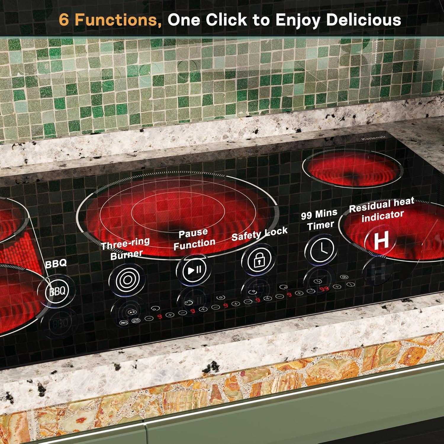 imageElectric Cooktop 24 Inch 4 Burner Electric Stove 6000W Textured Pattern 9 Power Lecels 220V240V Builtin Electrics Radiant Cooktop Knob Control Safe Lock Timer PauseBlack 36 Inch Touch Control