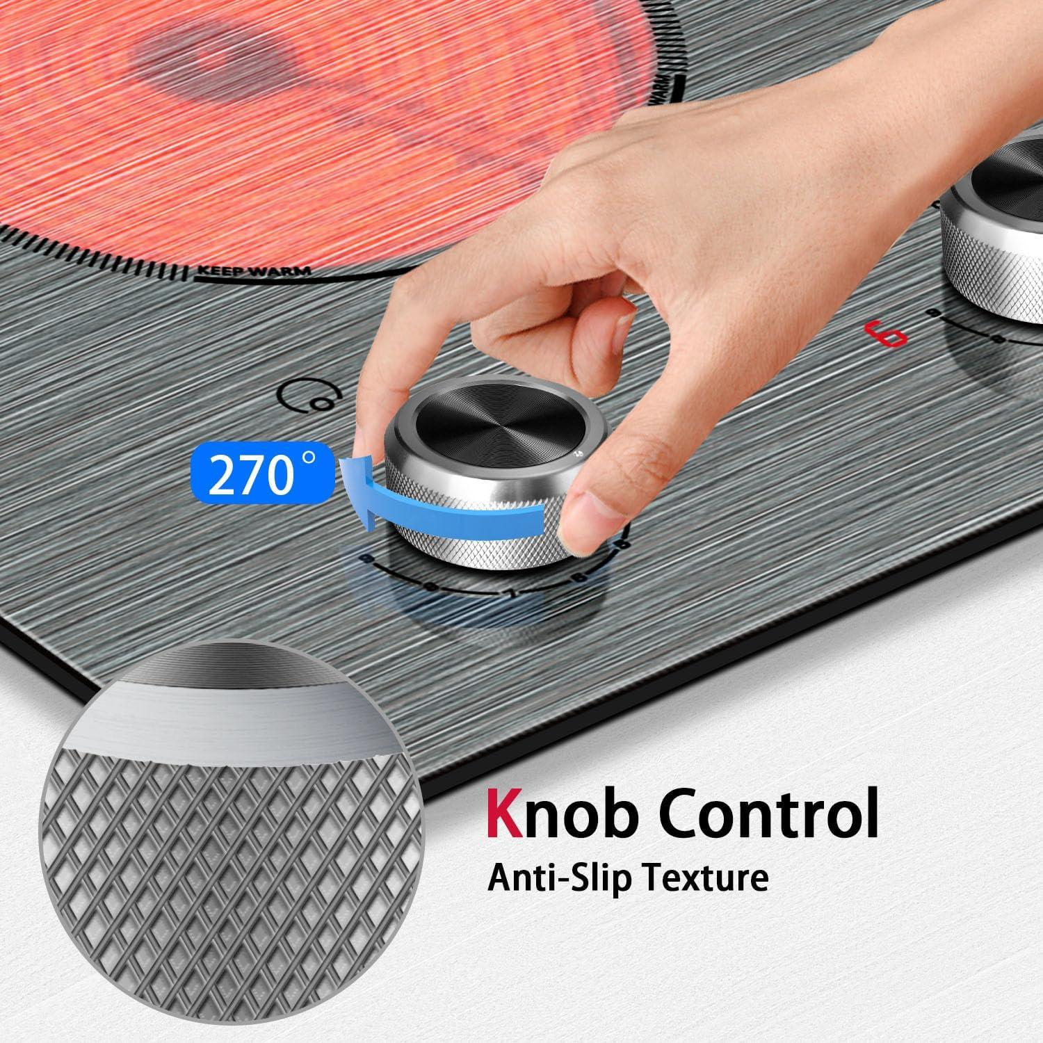 imageElectric Cooktop 24 Inch 4 Burner Electric Stove 6000W Textured Pattern 9 Power Lecels 220V240V Builtin Electrics Radiant Cooktop Knob Control Safe Lock Timer Pause12 inch drawing knob