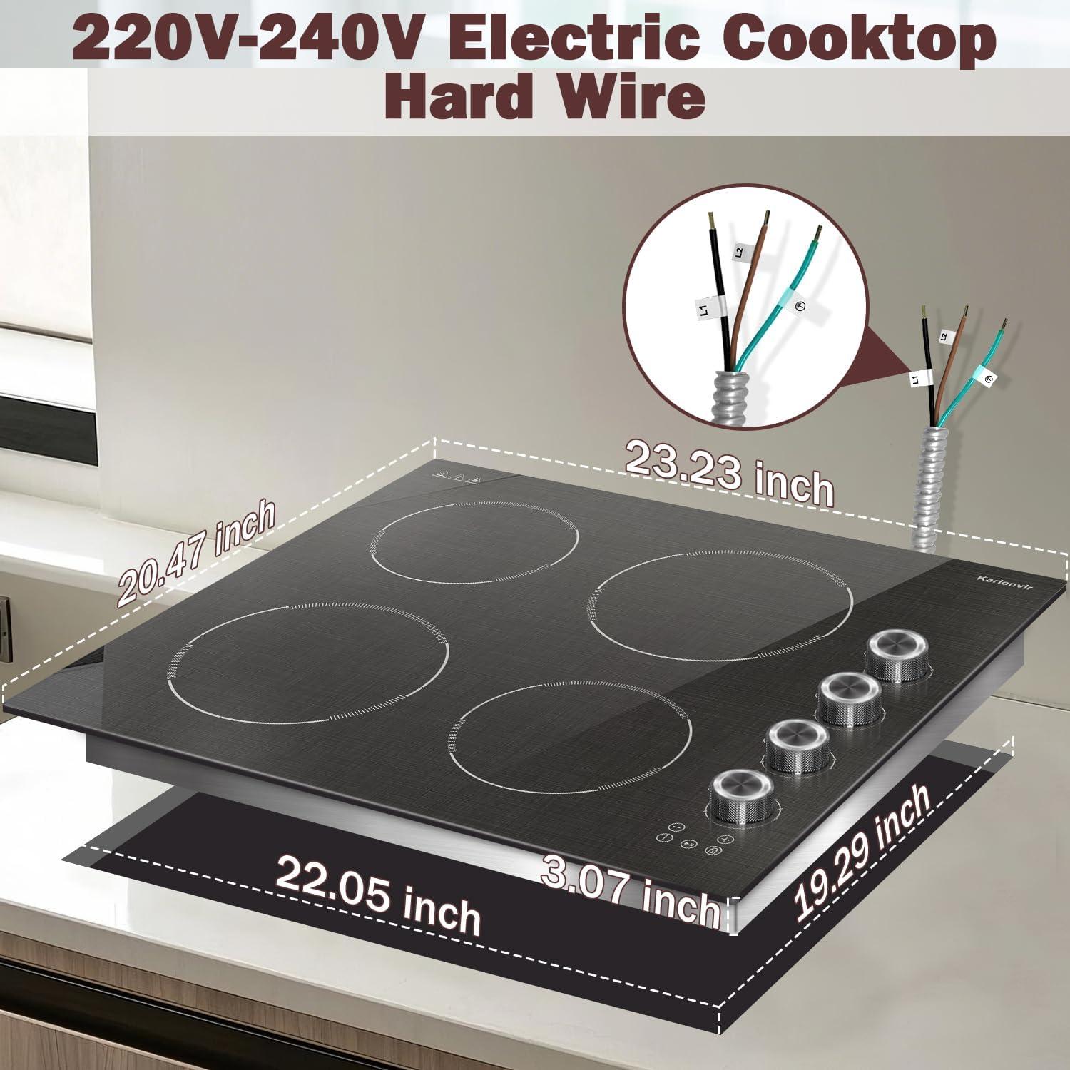 imageElectric Cooktop 24 Inch 4 Burner Electric Stove 6000W Textured Pattern 9 Power Lecels 220V240V Builtin Electrics Radiant Cooktop Knob Control Safe Lock Timer Pause24 Inch Black H03