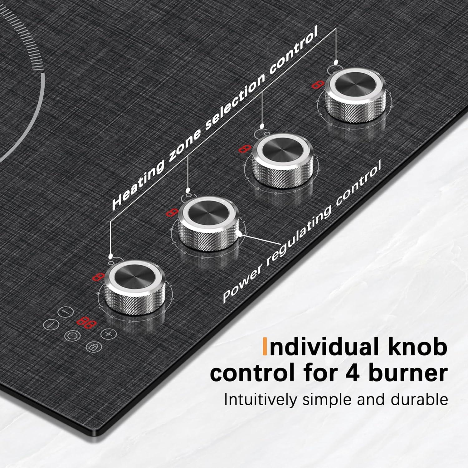 imageElectric Cooktop 24 Inch 4 Burner Electric Stove 6000W Textured Pattern 9 Power Lecels 220V240V Builtin Electrics Radiant Cooktop Knob Control Safe Lock Timer Pause30 Inch Black H03