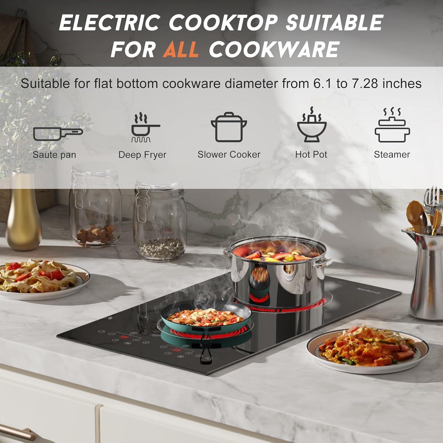 imageElectric Cooktop 24 Inch 4 Burner Electric Stove 6000W Textured Pattern 9 Power Lecels 220V240V Builtin Electrics Radiant Cooktop Knob Control Safe Lock Timer Pause12 inch black touch