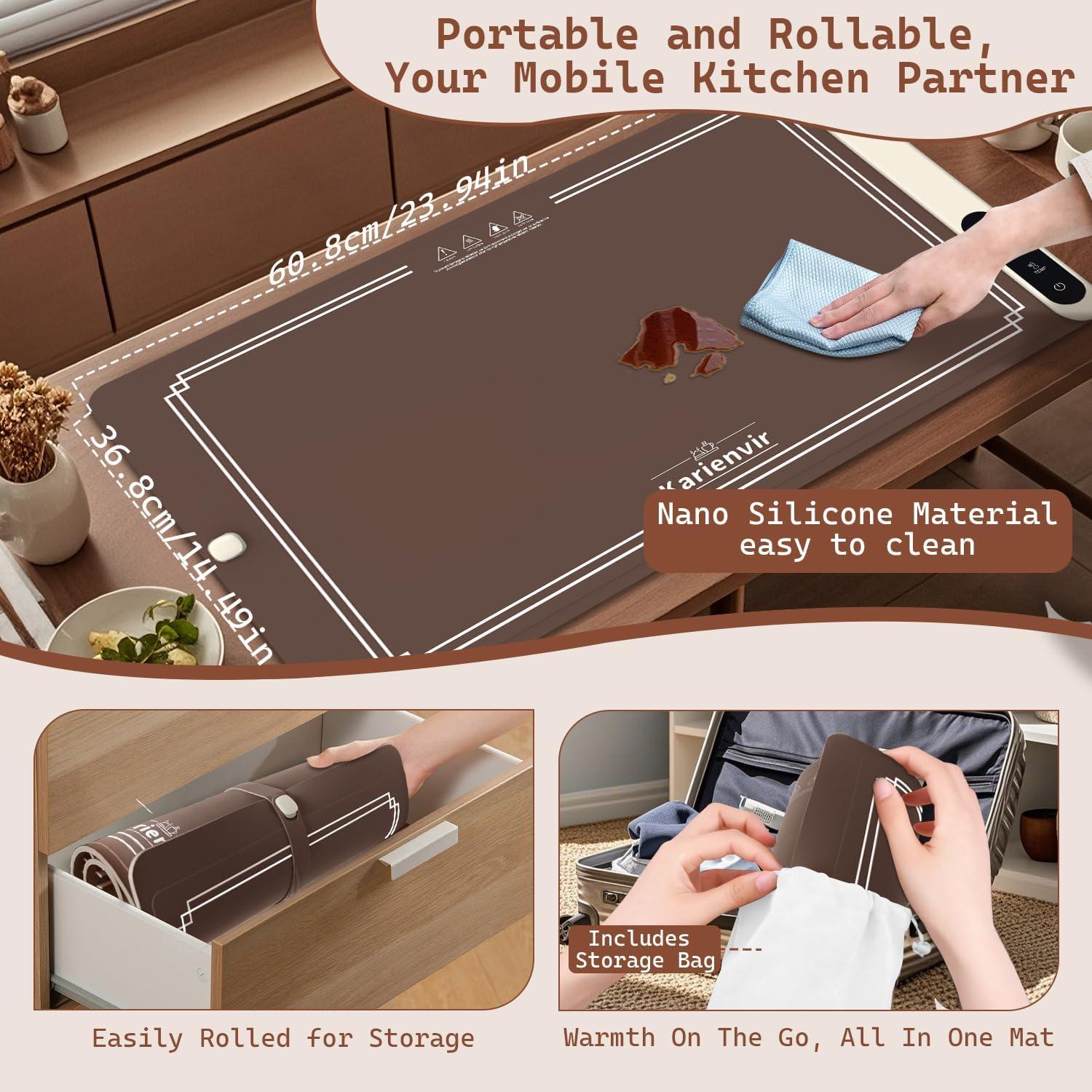 imageWarming Mat for Food 500W Upgrade Hightech Graphene Food Warming Mat Silicone Warming Tray Heating Fastly in 10s 7MM Raised Feet 6 Level Temp ampamp 6 Timer Setting Warming Tray Rollable BeigeBrown