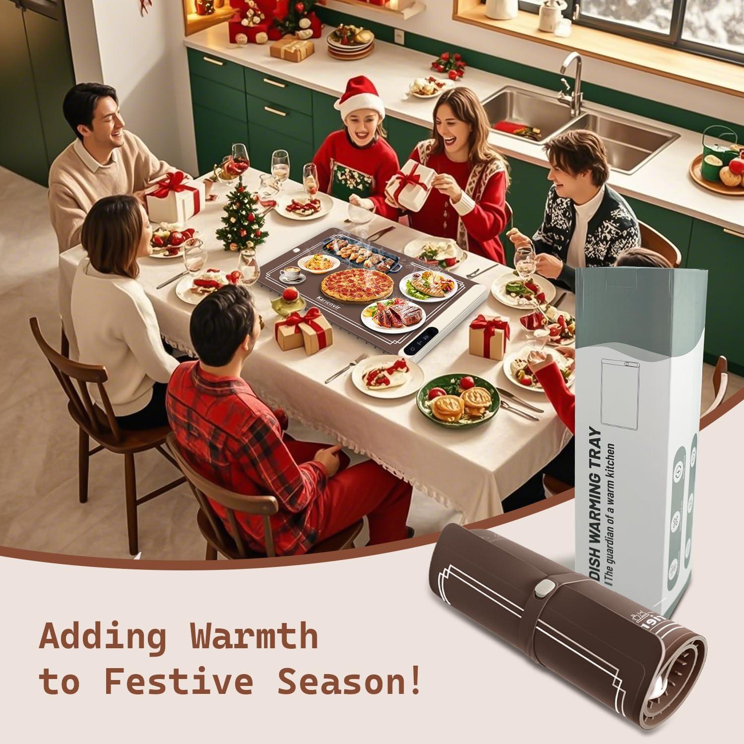 imageWarming Mat for Food 500W Upgrade Hightech Graphene Food Warming Mat Silicone Warming Tray Heating Fastly in 10s 7MM Raised Feet 6 Level Temp ampamp 6 Timer Setting Warming Tray Rollable BeigeBrown