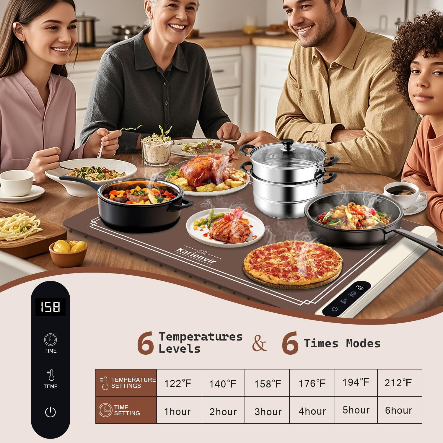 imageWarming Mat for Food 500W Upgrade Hightech Graphene Food Warming Mat Silicone Warming Tray Heating Fastly in 10s 7MM Raised Feet 6 Level Temp ampamp 6 Timer Setting Warming Tray Rollable BeigeBrown