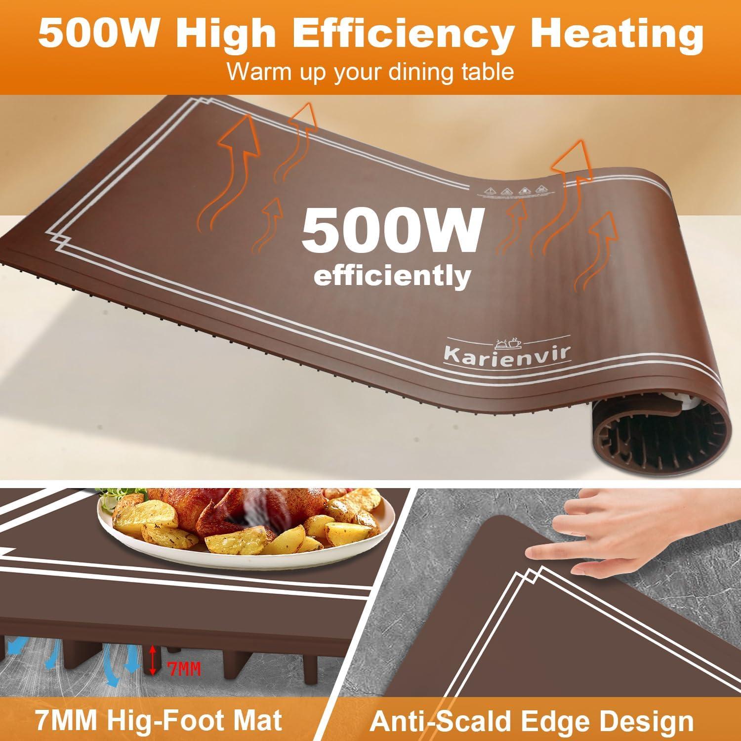 imageWarming Mat for Food 500W Upgrade Hightech Graphene Food Warming Mat Silicone Warming Tray Heating Fastly in 10s 7MM Raised Feet 6 Level Temp ampamp 6 Timer Setting Warming Tray Rollable BeigeBrown
